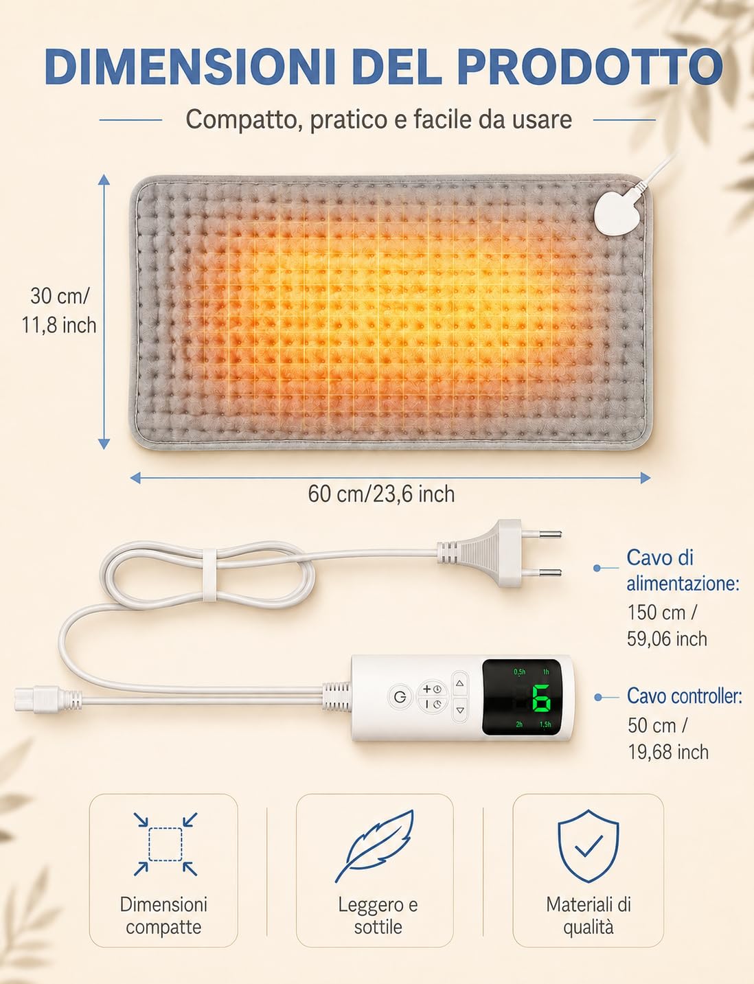 UOHHBOE Termoforo Elettrico 75W Tappetino Riscaldante 9 Impostazioni di Temperatura Lavabile in Lavatrice 4 Timer 60x30cm Con Spegnimento Auto Termoforo Cervicale Spalle Schiena Addome e Gambe