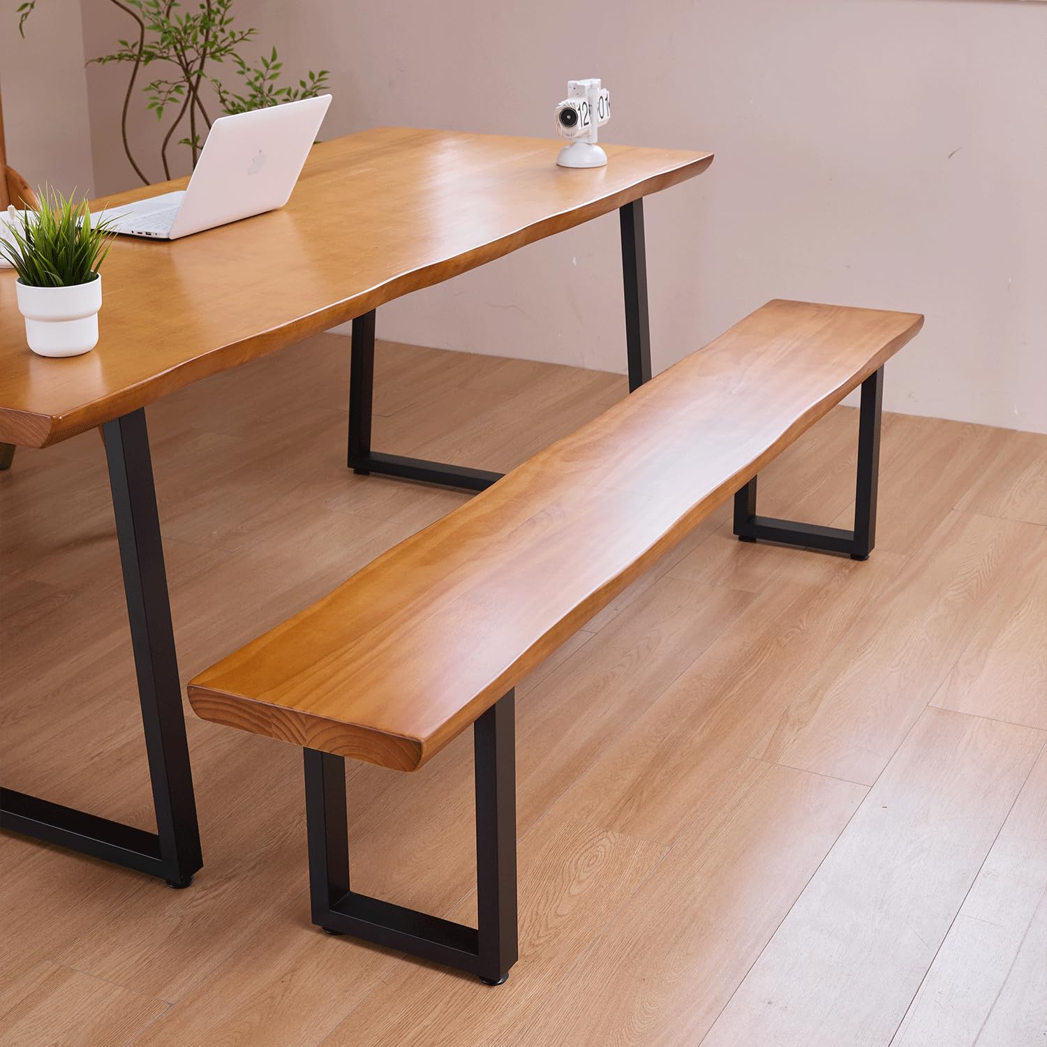 Solid Wood Top Bench with Metal Legs Durable Long Bench for Home Office Living Room Dining Room Versatile Multi Size Options Perfect Chair Stool Dining Bench Dining Chair (Light brown bench, 62.99in)