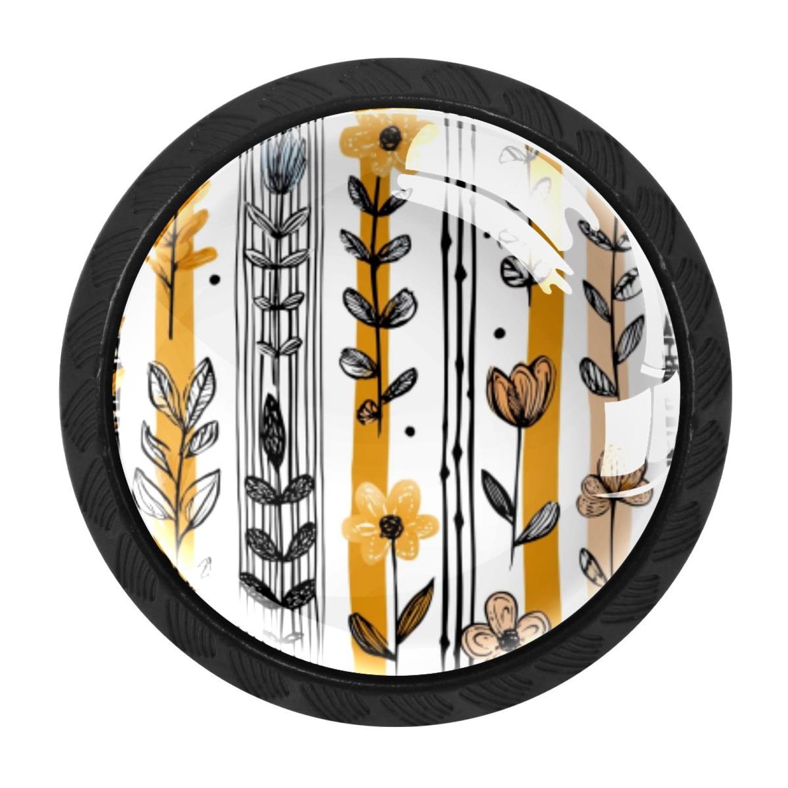 CHENZZZZ 4 Pieces Abstract Flowers and Leaves (1) Drawer Knobs, 35mm Black Kitchen Cabinet Knobs, Drawer Pulls and Knobs, Glass Cabinet Hardware Single Hole Knob for Cabinets and Drawers Round