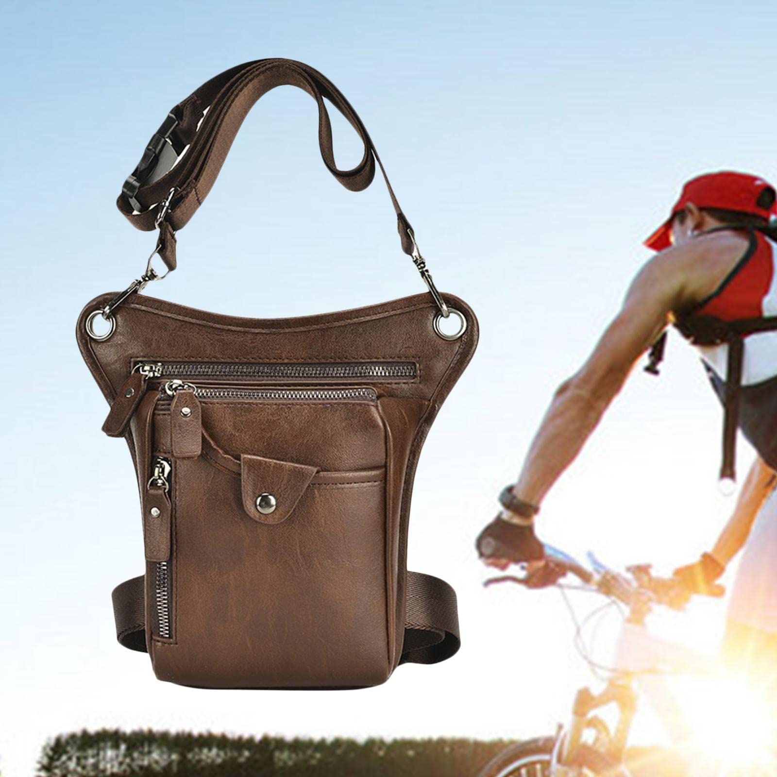 Riñonera Hombre Bolso Pierna Bolsillo Muslo Cintura Bolsa de Hombro Piel PU Compartimentos Ajustable Cremallera Adecuado para Viaje Deportes Motocicle
