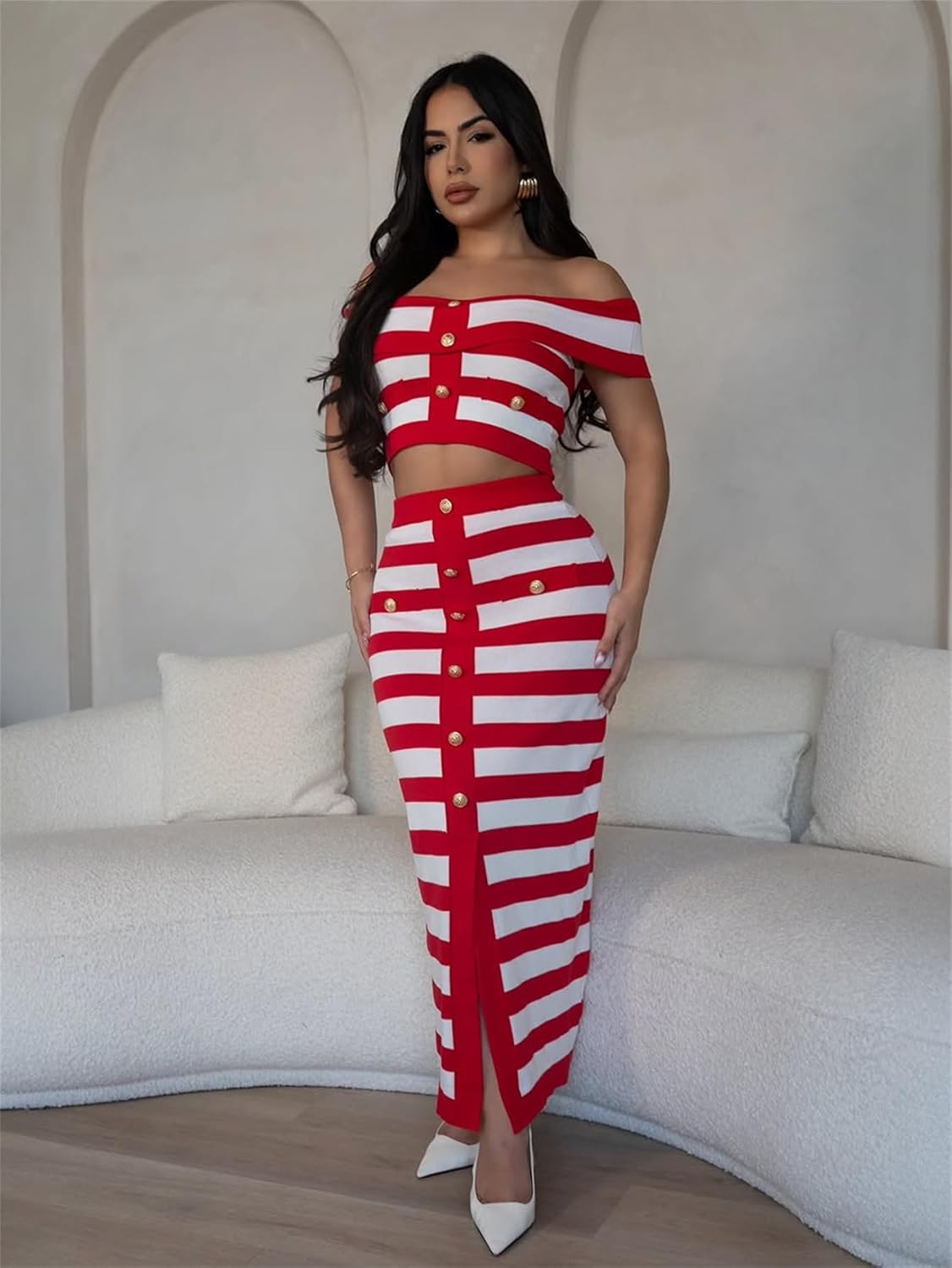 Wuitrie Sweater Sets for Women Slim Sexy Striped One Shoulder Crop Top Stretchy Hip Long Skirts Evening Gowns Party Outfits - Image 2