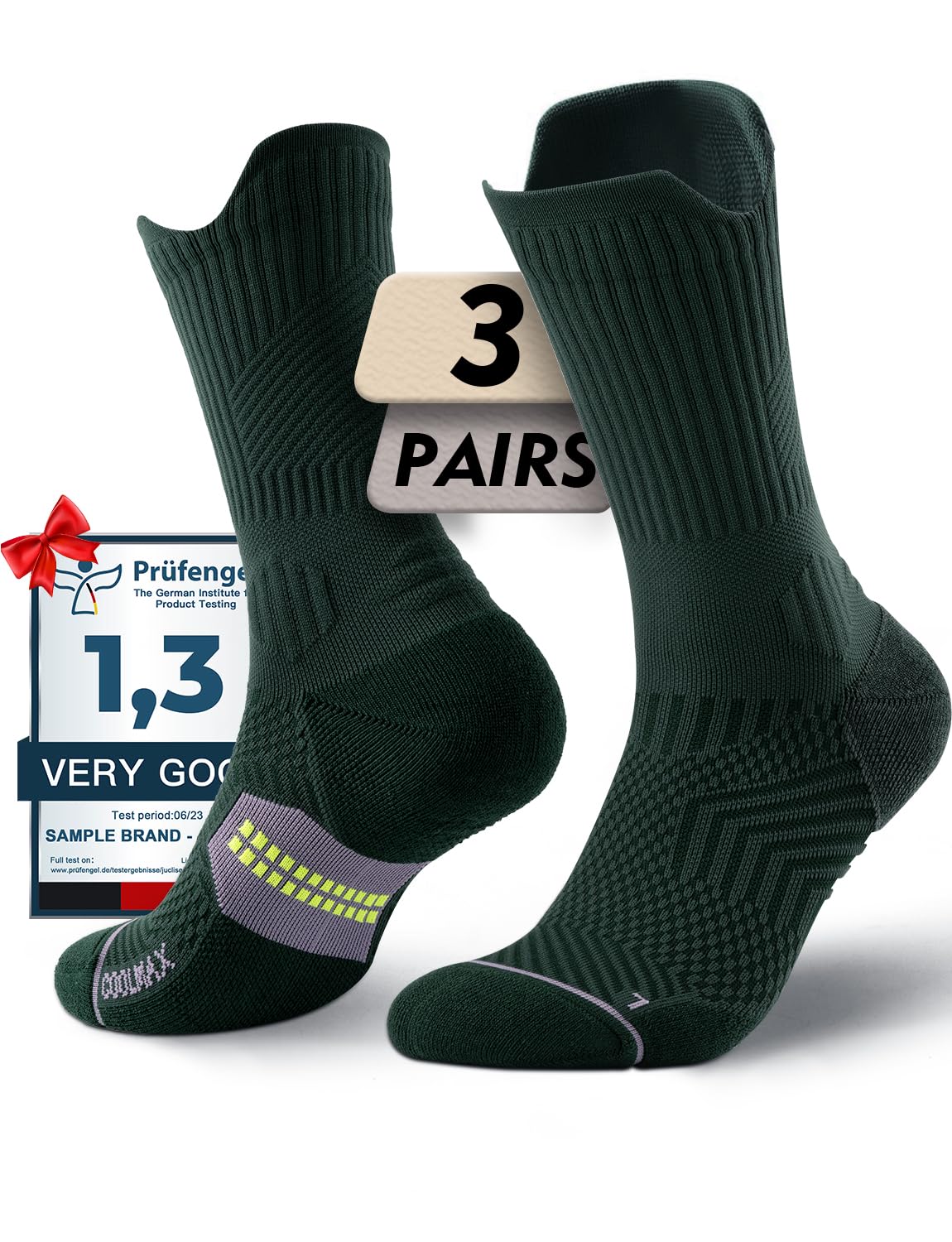Juclise Women's Compression Crew Running &amp; Hiking Socks, 3 Pairs, Cushioned