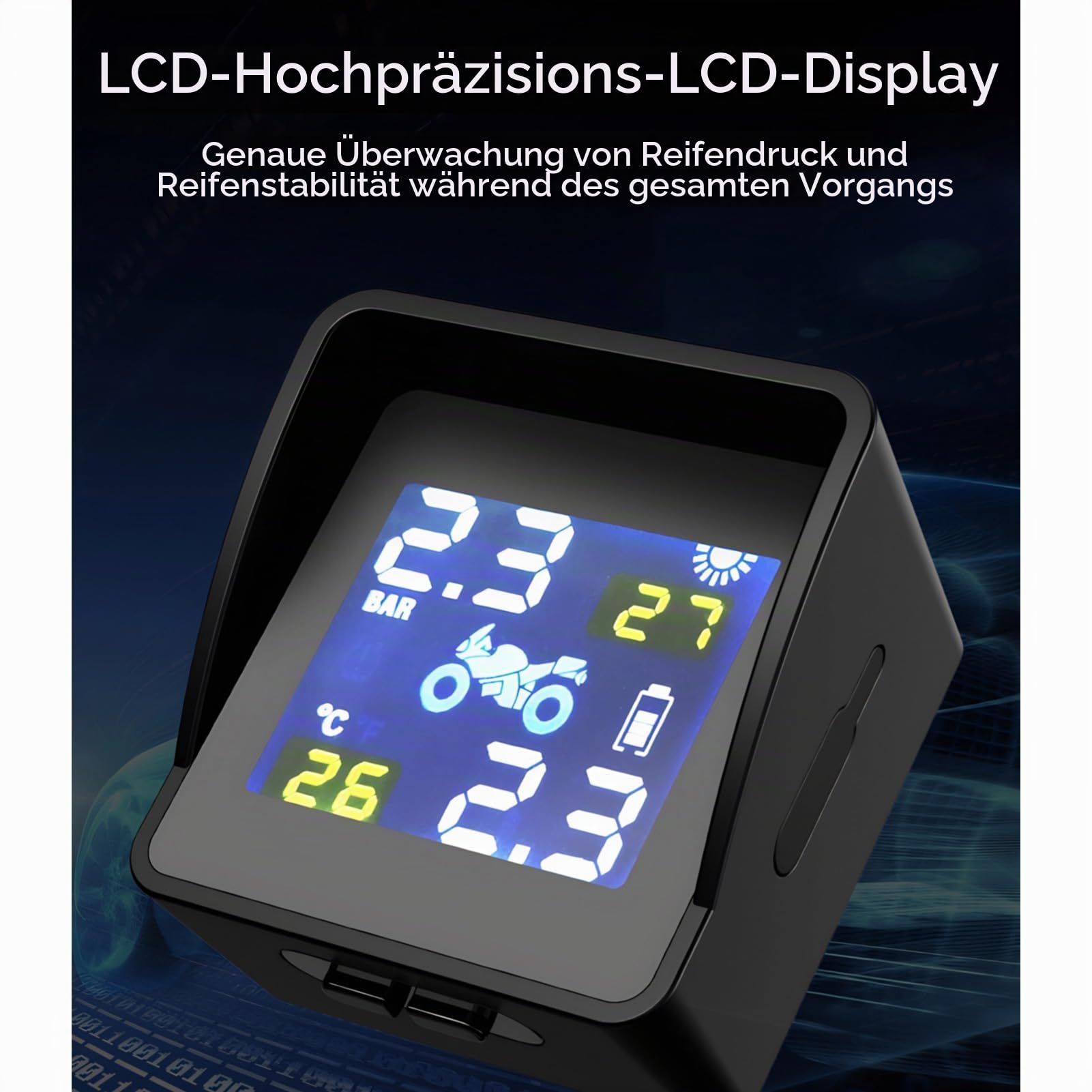 Diyeeni Motorrad-Reifendruckkontrollsystem Solar TPMS, LCD-Display mit Sechs Alarmmodi, Wasserdicht und Langlebig für Motorradroller