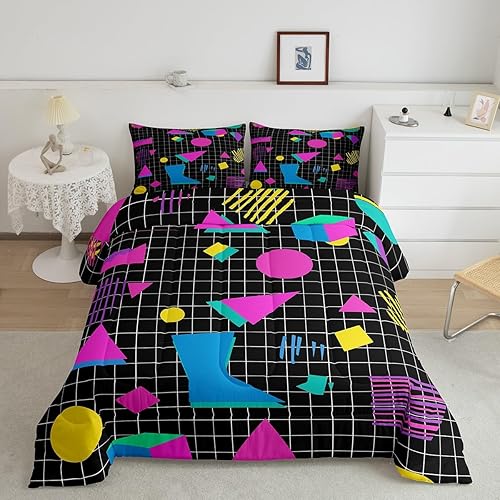 Miniatura 43 de Juego de edredón de estilo de moda de los años 80 y 90, tamaño Queen, patrón retro de estilo Memphis con formas geométricas, juego de ropa de cama