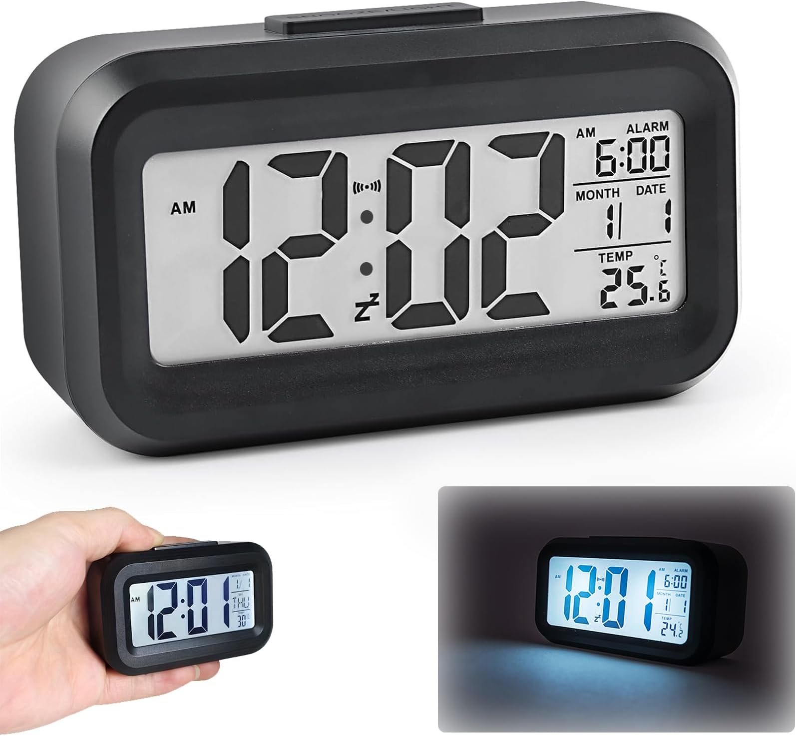 Digital Alarm Clock, Digital Clock Battery Operated, Bedside Clock LED Display with Temperature Snooze Calendar Small Alarm Clock, Portable Travel Clock Battery Digital Clock for Home Office Travel