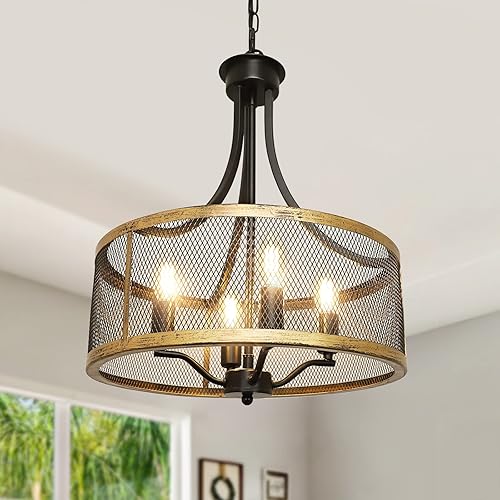 DLLT - Candelabro de granja de 4 luces, iluminación colgante industrial de 16 pulgadas, lámpara colgante de tambor con acabado dorado antiguo y