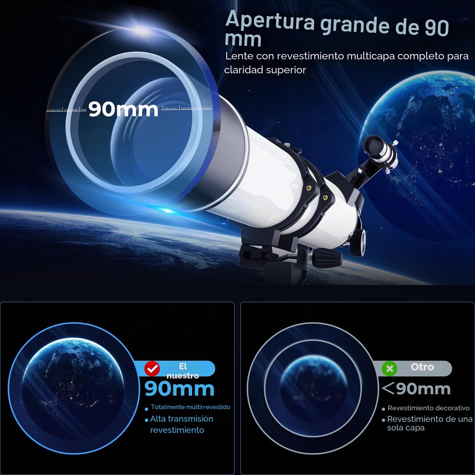 Telescopio, 90 mm Apertura 900 mm Telescopio Astronómico Profesional para Adultos Principiantes, Telescopio Refractor Portátil con Trípode,Teléfono Adaptador, Bolsa (Blanco)
