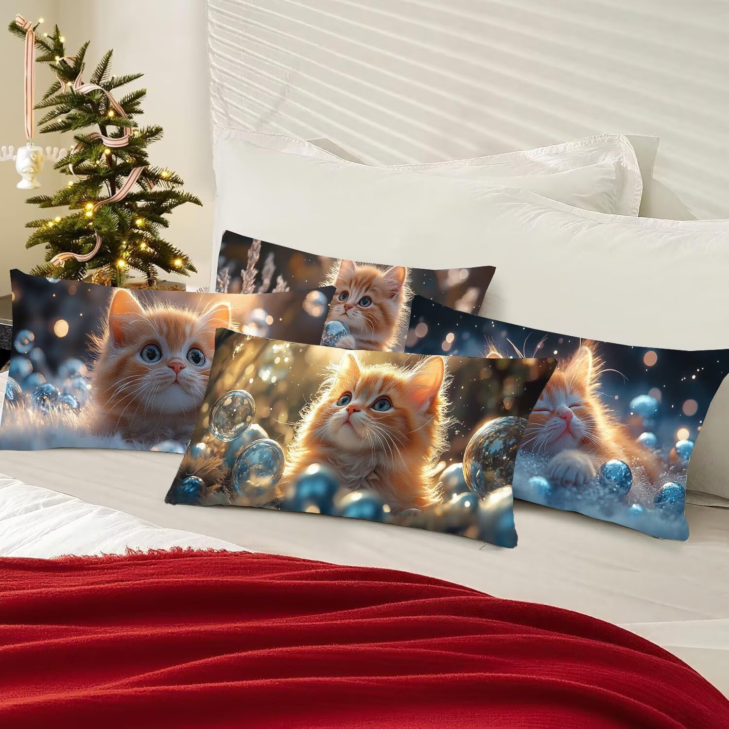Poszewki na poduszki 50 x 100 cm, zestaw 4 dekoracyjnych poszewek na poduszki lniane, poszewka na poduszkę z uroczego kota, prostokątna poduszka na sofę, do salonu sofy łóżka krzesła sypialnia ogród