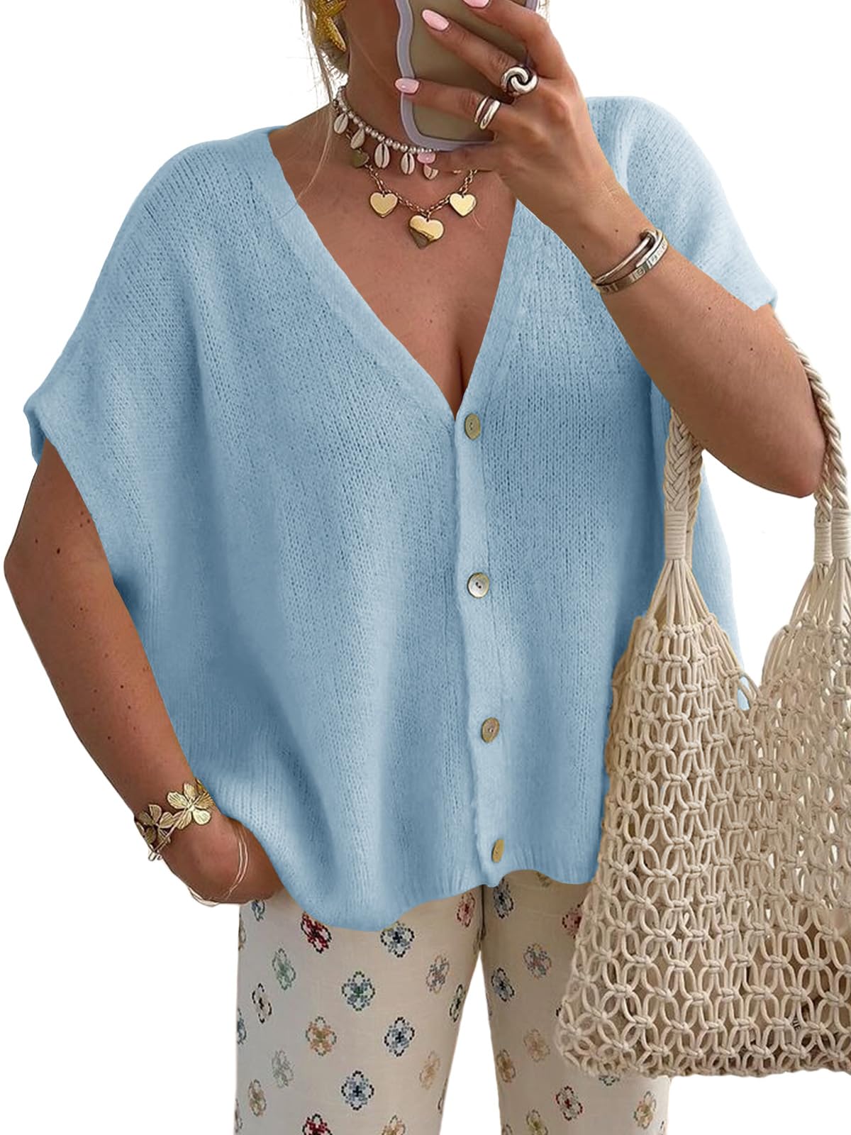 Saodimallsu Chaqueta de punto para mujer, manga corta, cuello en V, manga de murciélago, chaleco de punto de verano, monocolor, ligero, con botones