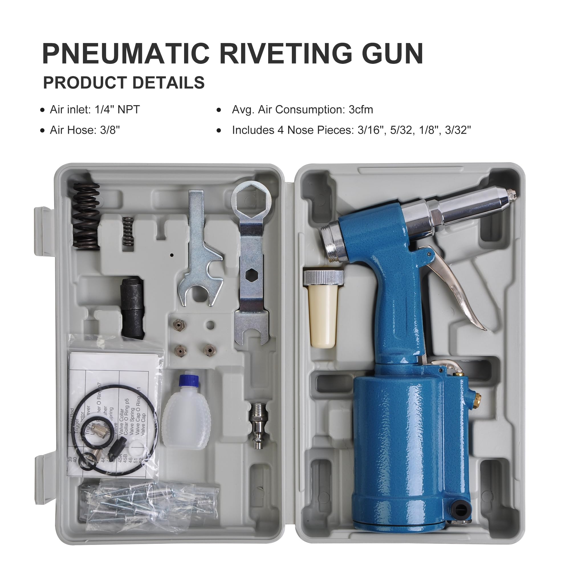 Pistola per rivetti pneumatica, kit di strumenti per rivetti ad alta resistenza con naselli da 3/16" 5/32" 1/8" e 3/32", pistola per rivetti idraulica ad aria per automobili, ascensori, mobili