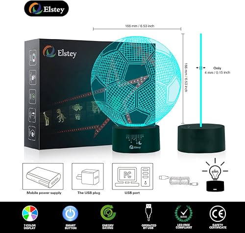 Miniatura 3 de Elstey - Lámpara de noche con balón de fútbol tridimensional (ilusión óptica), balón de fútbol que cambia de color (7 colores), base acrílica y de
