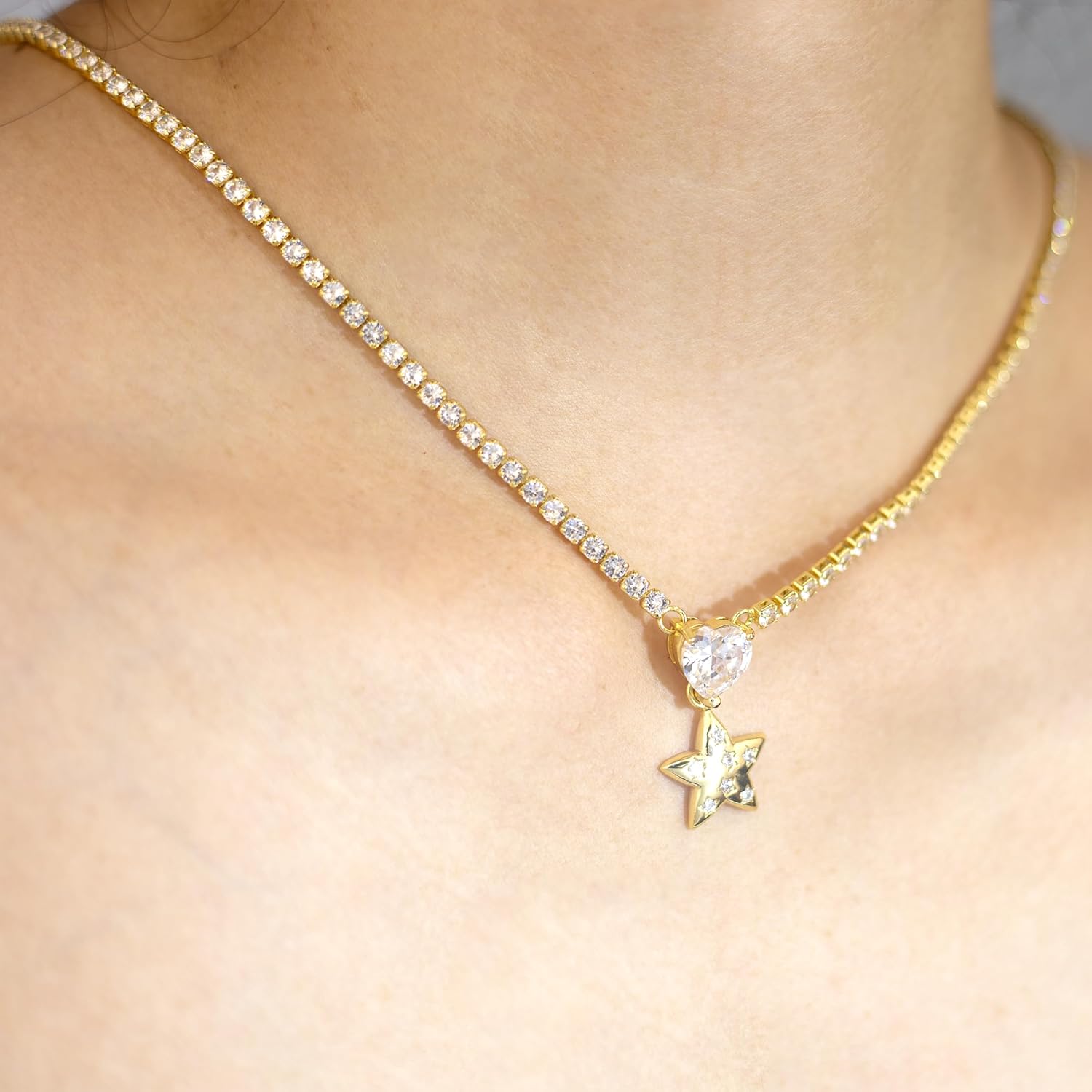 Gold Necklace for Women Star Cubic Zirconia Pendant Dainty 14K Gold Plated Heart Pendant Necklace Adjustable Length CZ Necklace for Women, Fashion Jewelry - Image 4