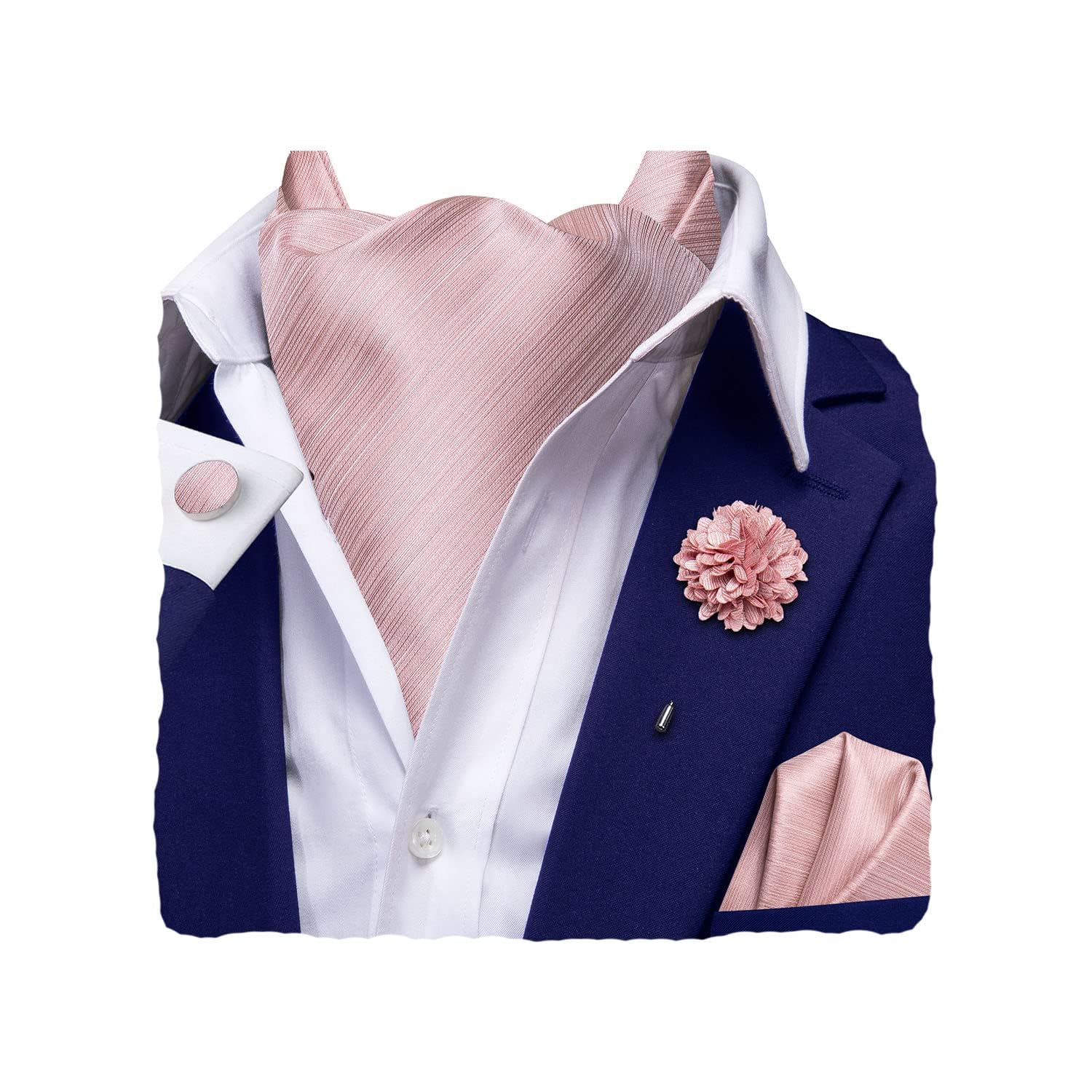 Hi-Tie Silk Ascot for Men Self Tie Men's Cravat and Flower Lapel Pin Handkerchief Cufflinks Set for Wedding Party