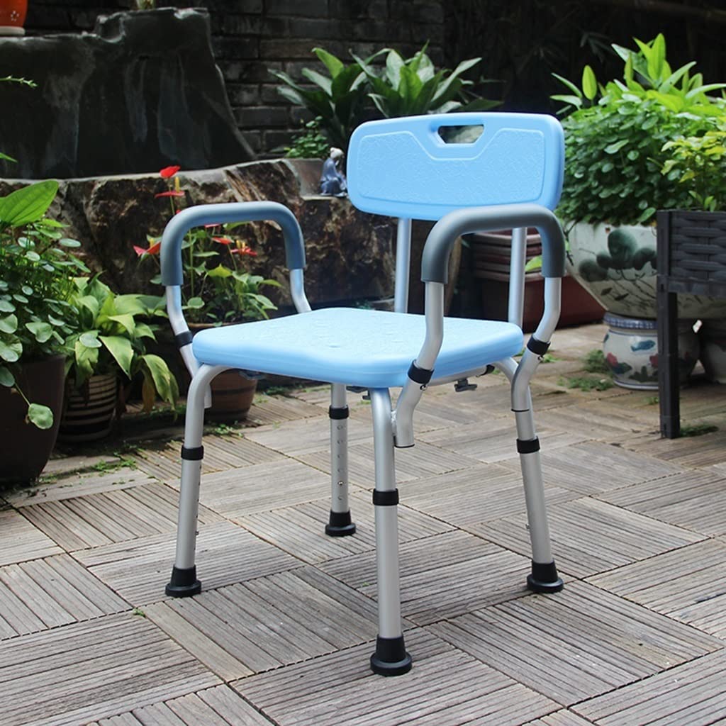 Taburete de ducha antideslizante de alta resistencia azul con respaldo, reposabrazos, silla de ducha de baño, taburete de ducha rectangular ajustable de aluminio for personas mayores, embarazadas, per