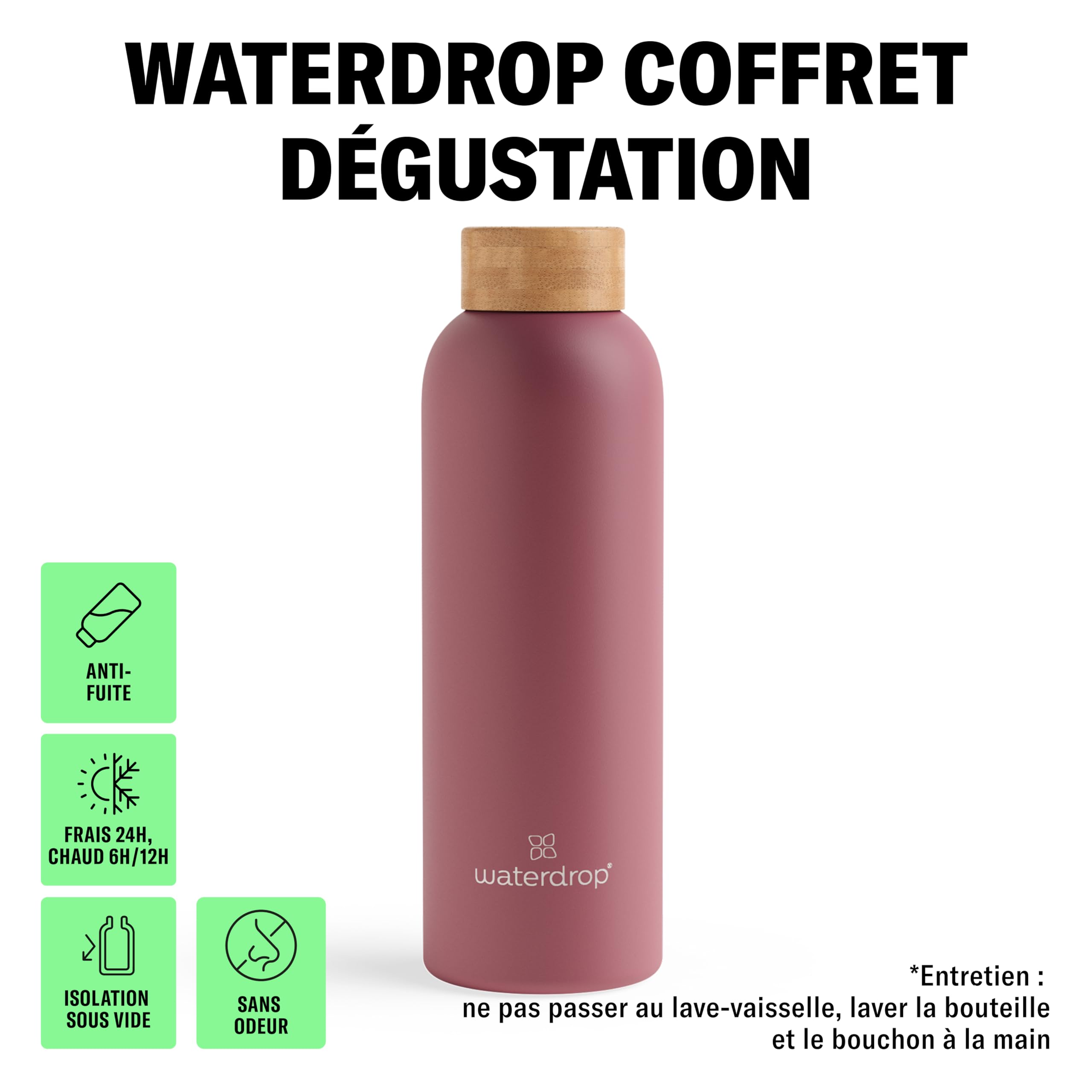 waterdrop® Coffret Dégustation Inox - Bouteille Isotherme 600ml + 18 Cubes à Boire en 6 Saveurs, Boisson en Cube avec Vitamine C & Vitamine B, Sans Sucre, Gourde d'Eau, Coffret Cadeau Femme & Homme