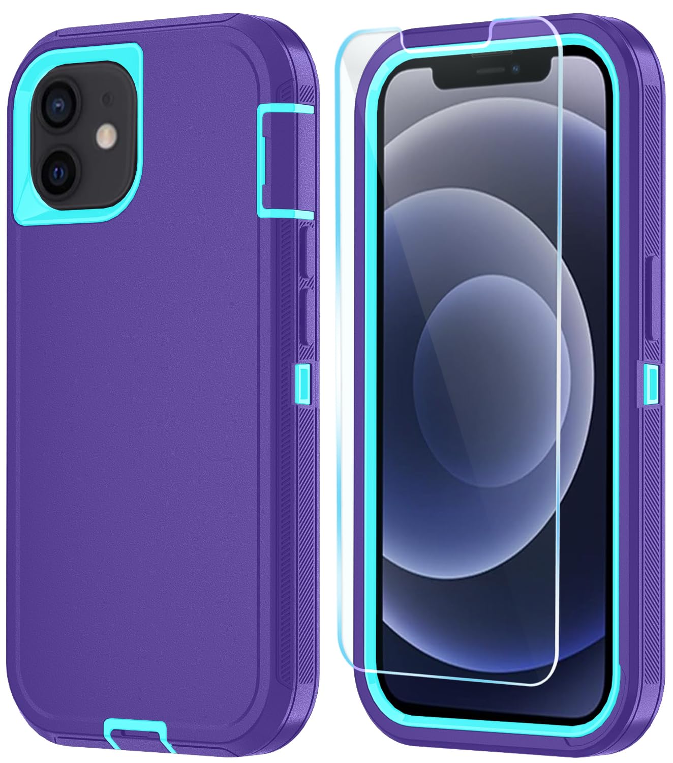 Compatible with iPhone 12/iPhone 12 Pro Case with HD Screen Protector, Heavy Duty Shockproof & DustProof & Dropproof 3-Layer Cover Phone Case (PurpleSkyBlue)