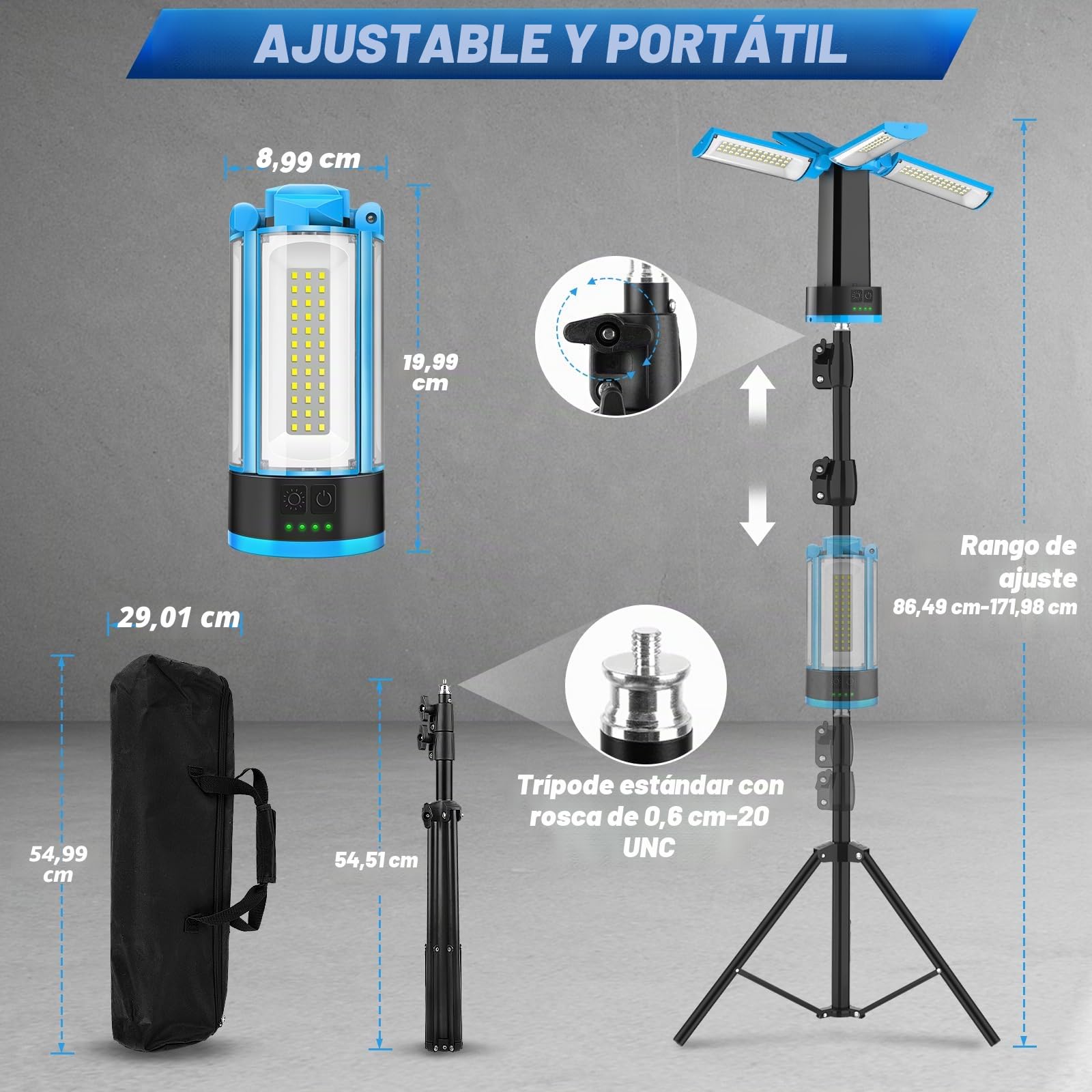 T-SUN Foco Bateria Recargable LED con Ajustable Tripode Portatil, 10400 mAh Foco de Trabajo 6000K 4 Modos Luz de Trabajo con USB/Tipo C & Bolsa de Transporte para construcción Garaje Taller Campings