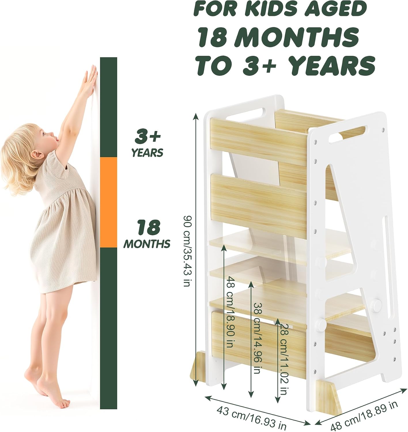 OPAUL Toddler Tower Kitchen Helper Stool - 3 Level Adjustable Height Wooden Learning Step Stool for Kids, Super Sturdy with Non-Skid Feet, Safe Toddler Standing Tower for Counter(Ages 18M-6 Years)