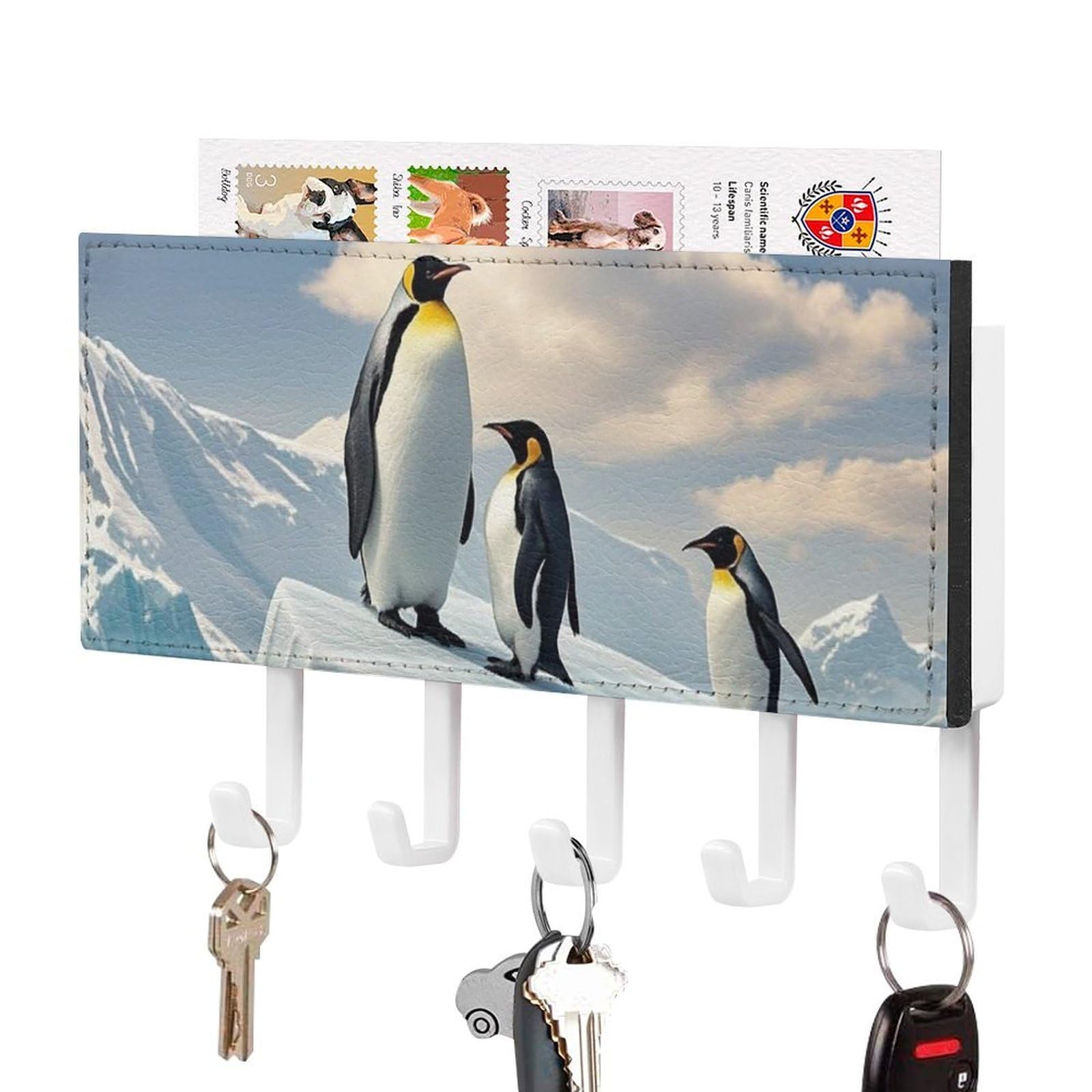 Fekiloot White-Style Penguins On The Iceberg Key Holder Wall Mount Key Hanger With 5 Hooks Decorative Key Rack Hanging Key Hooks With Mail Organizer Key Holder For Wall Living Room Kitchen Bathroom Hallway White