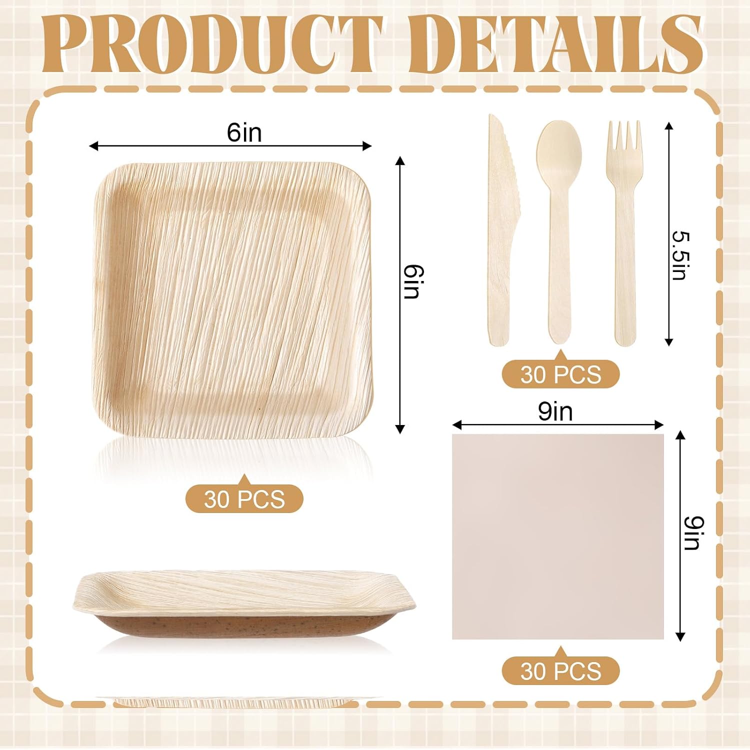 Potchen 30 Set 10 Inch Palm Leaf Dinnerware Set, Square Wooden Plates Cutlery Party Include Forks & Knives & Spoons & Napkins Compostable, Disposable, Sturdy Eco for 30 Guests, Wedding, BBQ