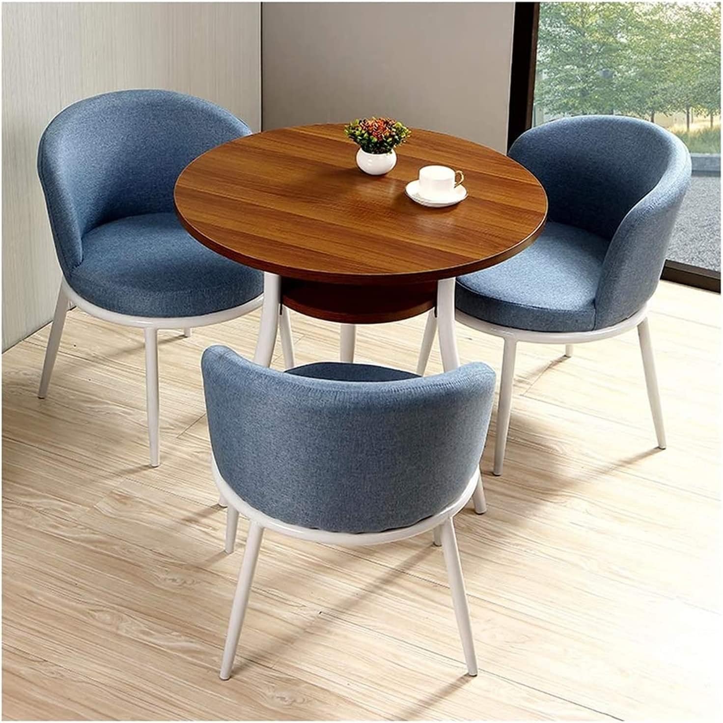Conference Reception Room Coffee Table with Chair Office Tables and Chairs Coffee Furniture Table and Chair Set 3 Cotton Linen Chair 80cm Round Double Layer Woo,Walnut - Blue-One Size