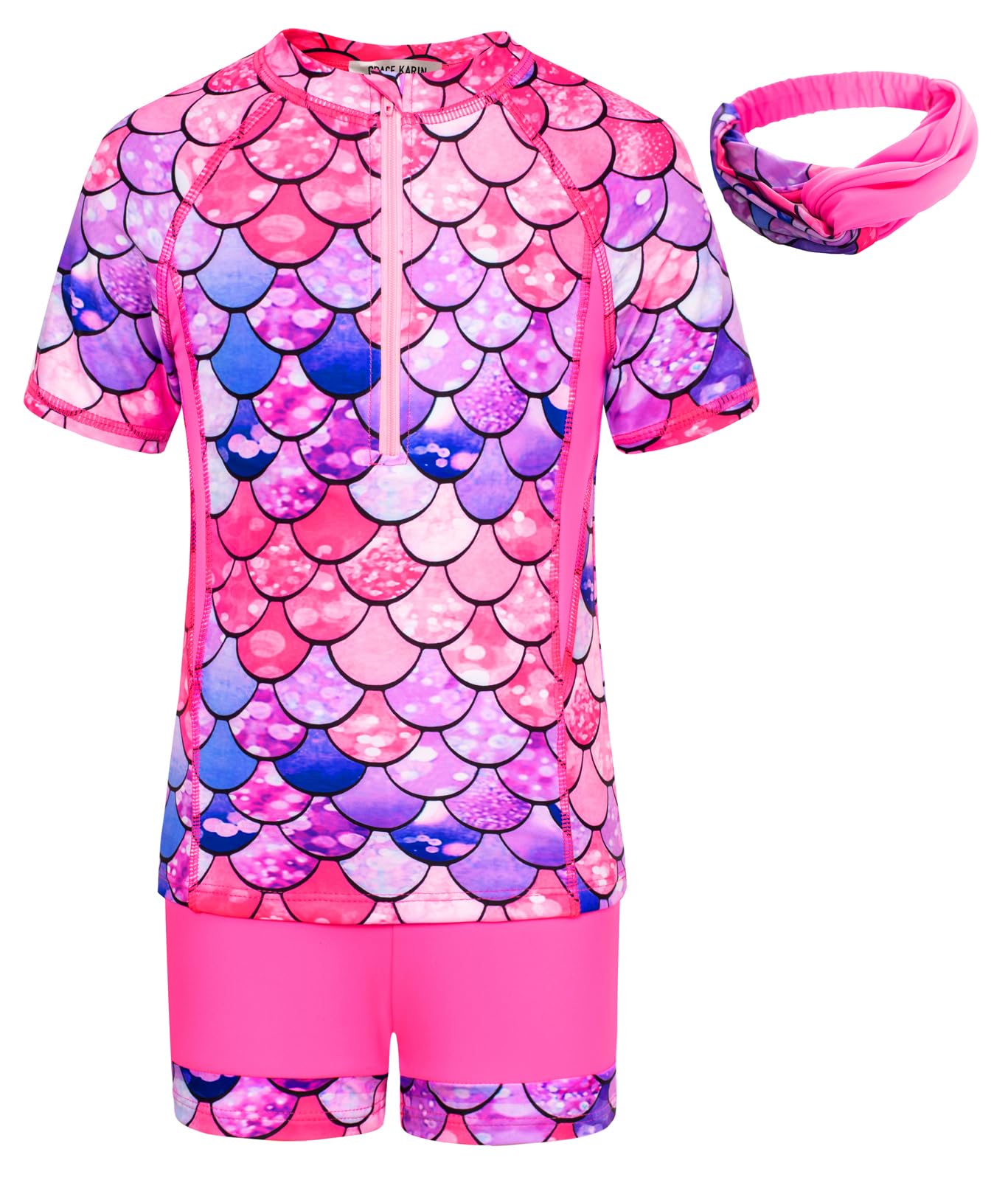 GRACE KARIN Traje de baño para niña de tres piezas, camiseta de manga corta + bañador + diadema