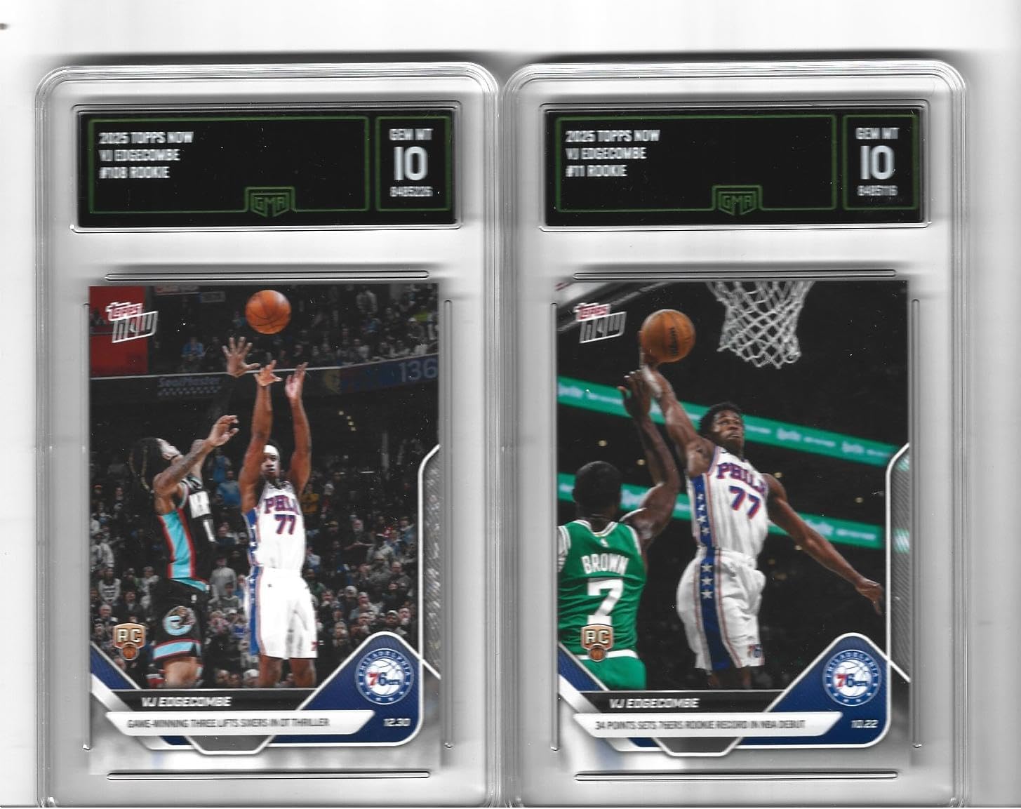 Graded Gem Mint 10 VJ Edgecombe 76ers 2025 Basketball Rookie 2 Card Lot Celebrate His Historic 34-Point Game Debut Performance and His Clutch 3 Pointer To Win A Game! You Will Receive Both Cards Shown