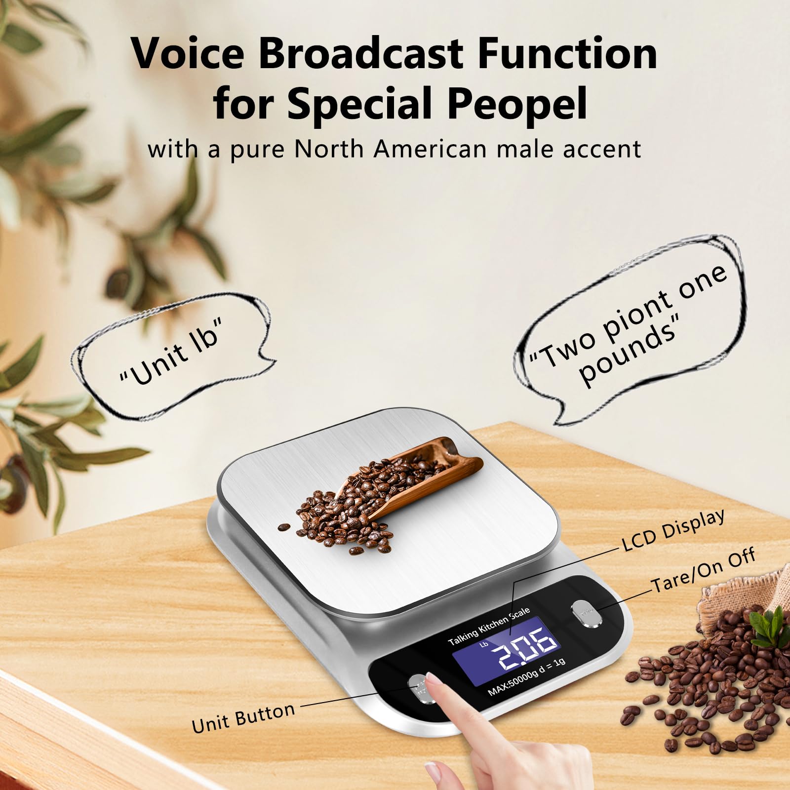 Talking - Báscula digital de cocina multifunción de alta precisión, báscula de alimentos de 5 kg, báscula de cocina de alta capacidad, números grandes con voz clara y fuerte, acento