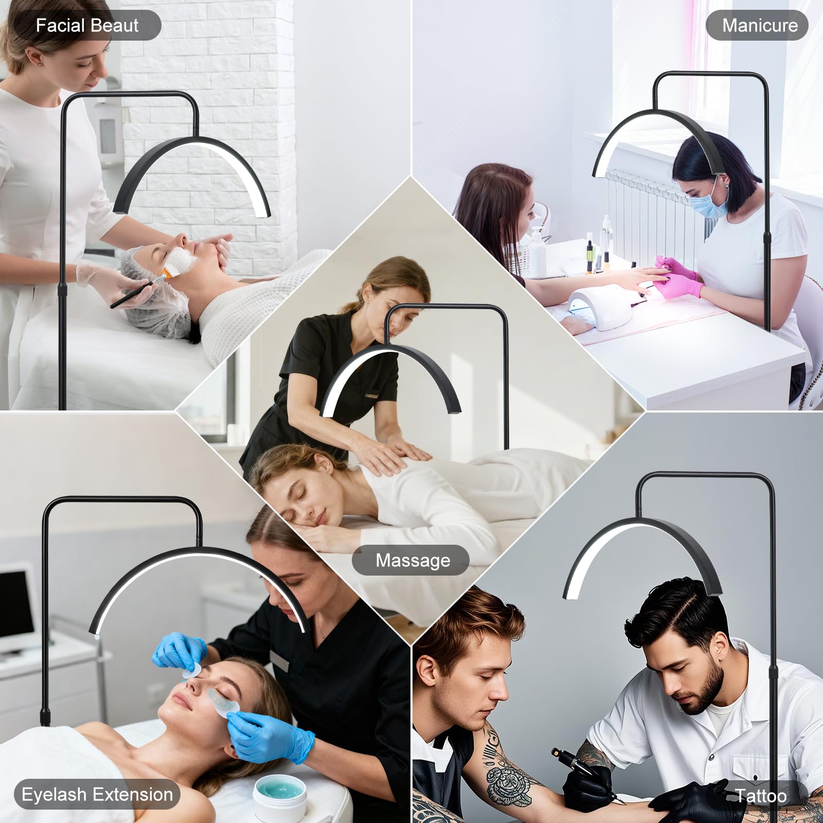 Lampara de Pie Curvada Forma de Media Luna Cabezal Ajustable 360° Altura Ajustable Lámpara de Pie LED Atenuación 3 Colores Extensión Pestañas y Nelleza Luz Relleno Diaria Lampara de Pie Salon