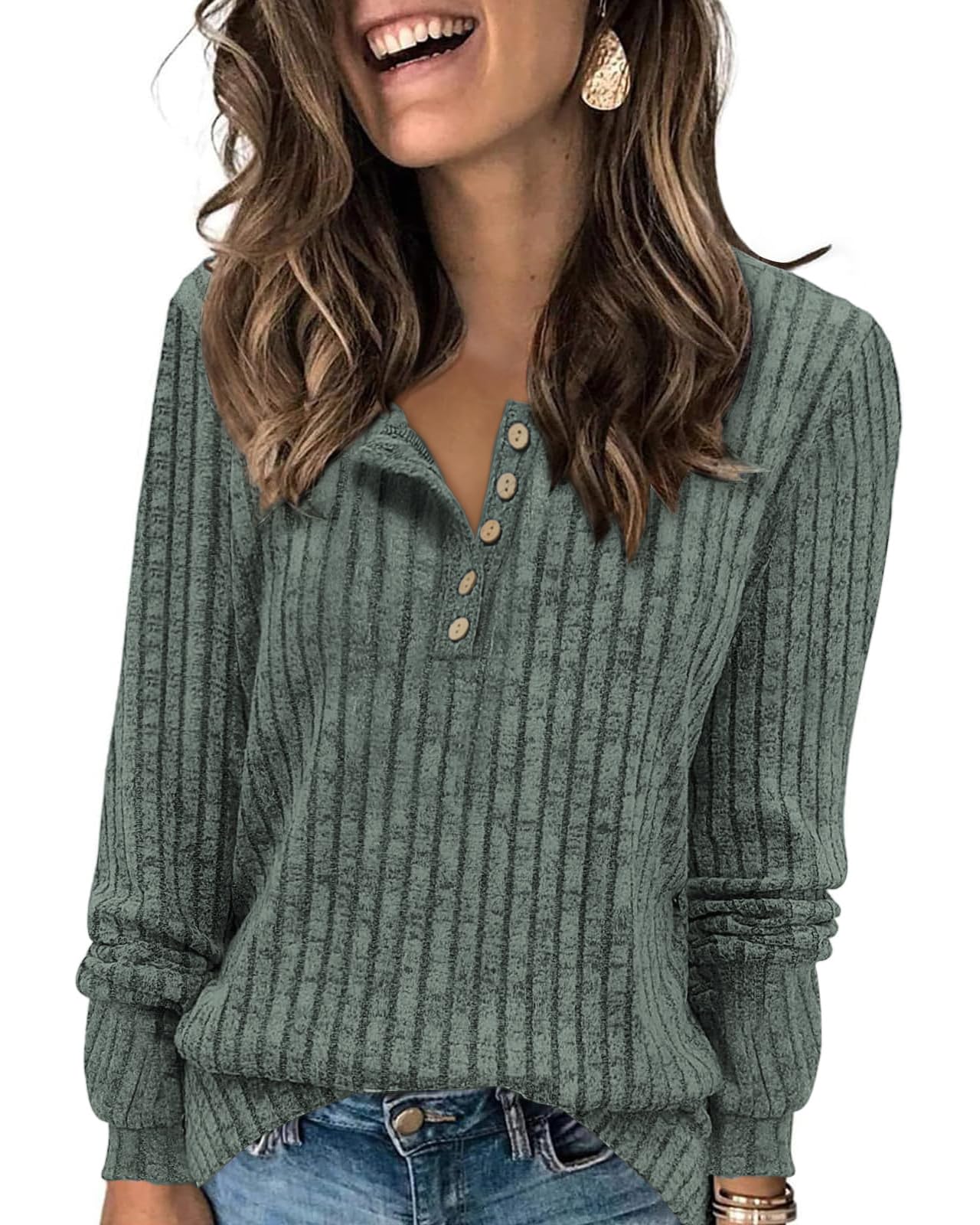 Tanmolo Damen Leichte Strickpullover Langarm Henley Shirt Herbst lässig Rundhals-Knöpfe Elegant Sweatshirt Tunika Tops