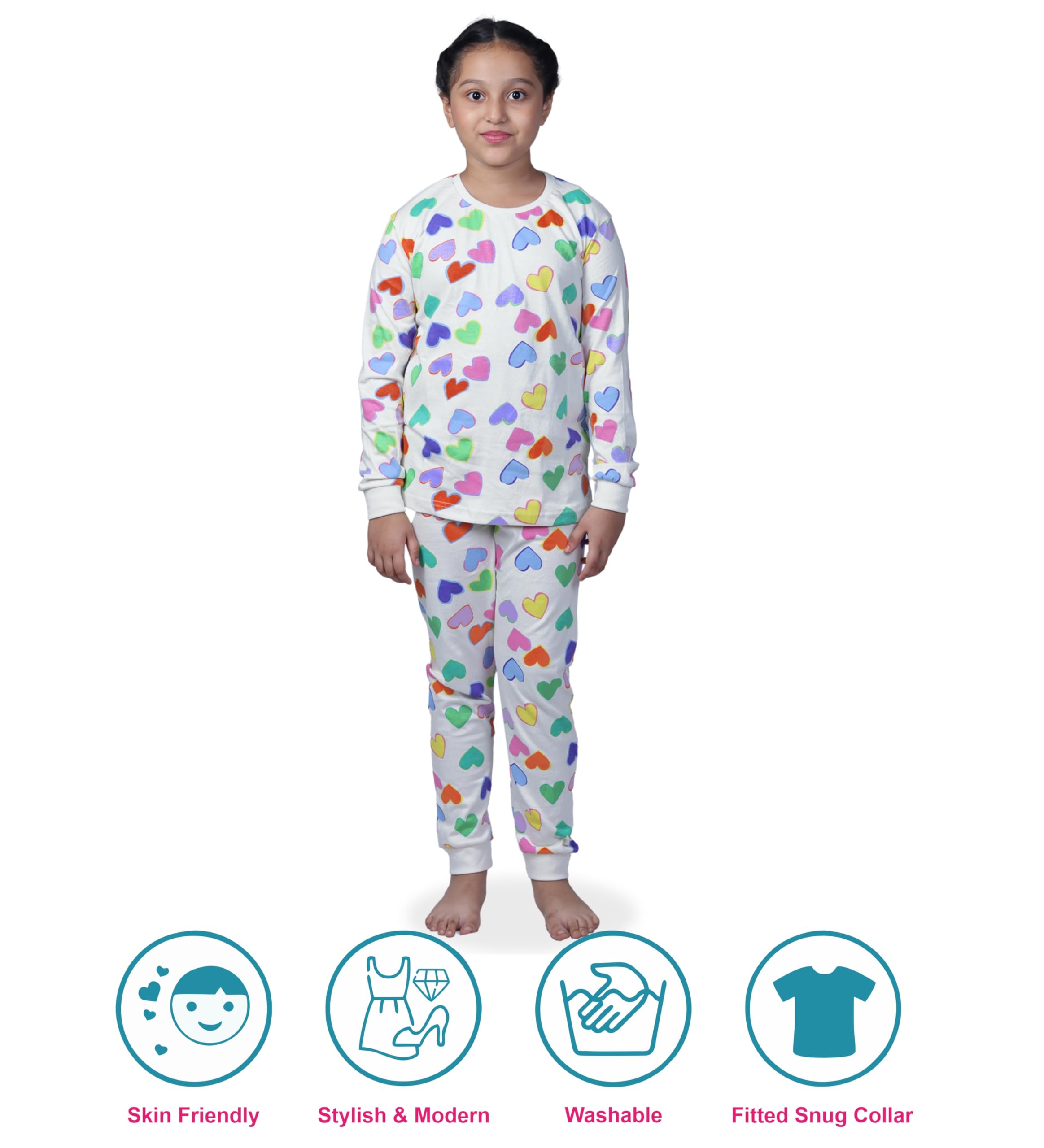 Hestia | H.NSG.N.1 |Girls Nightwear|Bottom Pyjama Tshirts | Breathable Fabric Pajama Sets|Cotton Night Dress Jogger|Trouser Full Sleeves Tshirt Night Suit for Kids|Heart Print|2-4Yrs|Offwhite | Set 1 - Image 2 thumbnail