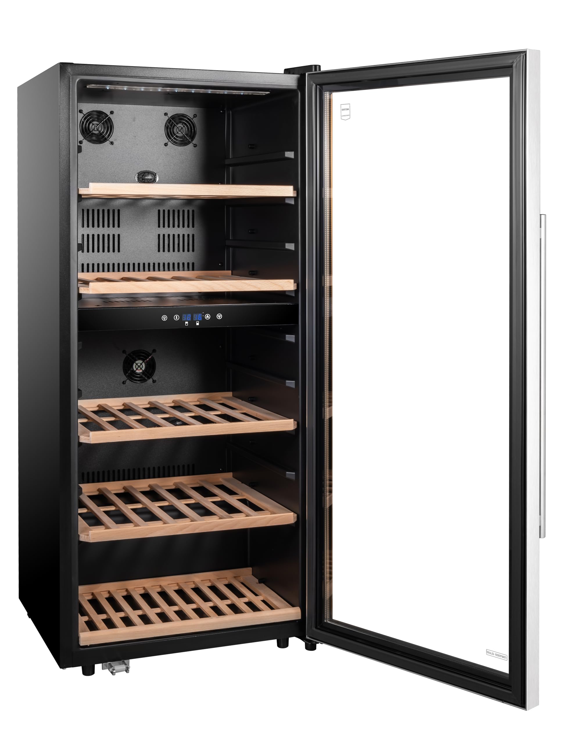 METRO Professional Cantinetta Vino Refrigerata GWC3091 | Acciaio Inox, Doppia Zona di Temperatura, 54 x 54 x 123.5 cm, 5 Ripiani in Legno, Termostato Touch e Luci a LED, da 5 a 22 °C (91 Bottiglie)