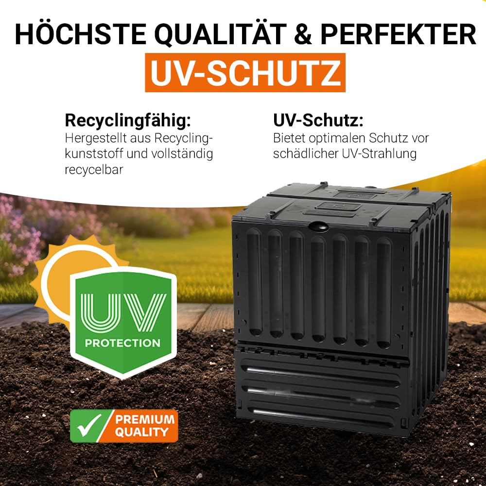 GARANTIA ECO-King Komposter 600 Liter schwarz - zum bequemen Befüllen im Garten - ohne Werkzeug schnell montierbar - mit praktischer Entnahme und windstabiler Deckelfixierung bei Witterung im Freien