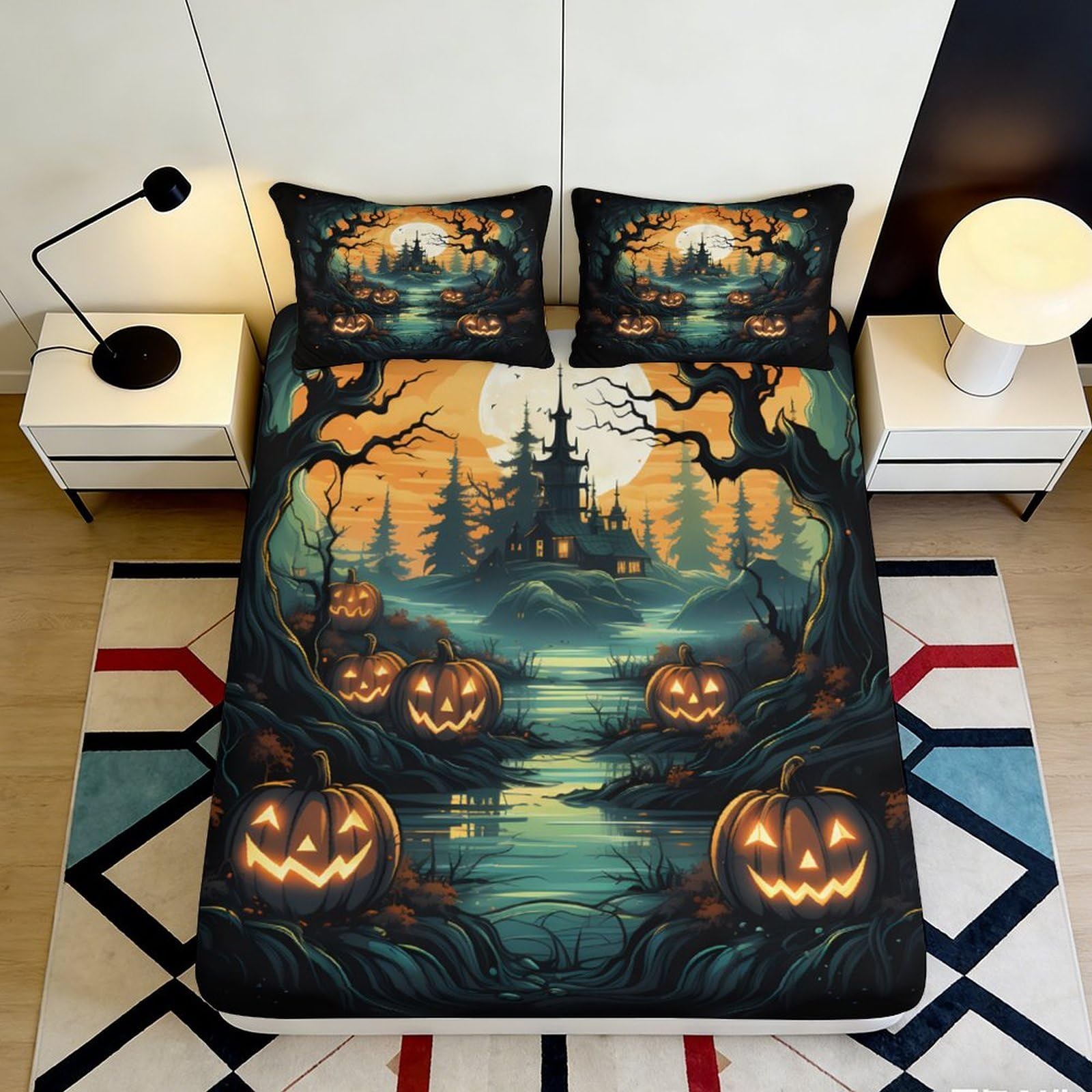 3D Printed Halloween Pumpkin Haunted House Fitted Sheet Microfiber Soft Bed Cover for Bedroom Guest Room Decor 90x200x25cm