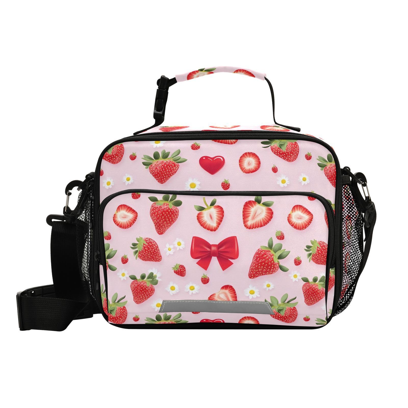 Strawberry Pink Large Lunch Box Reusable Insulated Lunch Bag for Kids Boys Girls Strawberry Pink Cooler Lunch Tote Bag with Shoulder Strap for School Office Travel Picnic