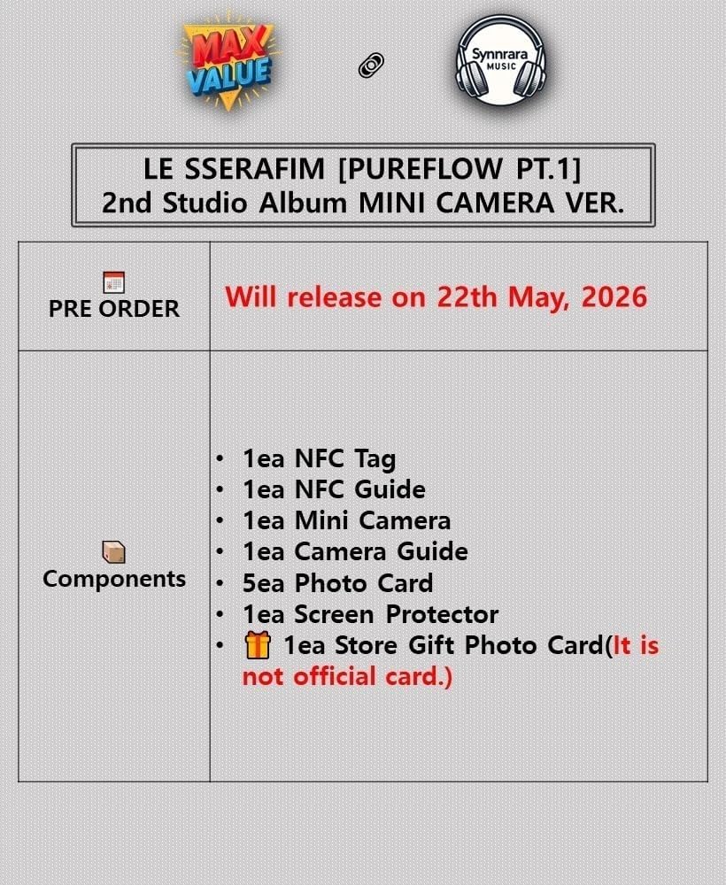 LE SSERAFIM PUREFLOW PT.1 2nd Studio Album MINI CAMERA Ver/NFC+5Card+GIFT SEALED (BLACK Ver)