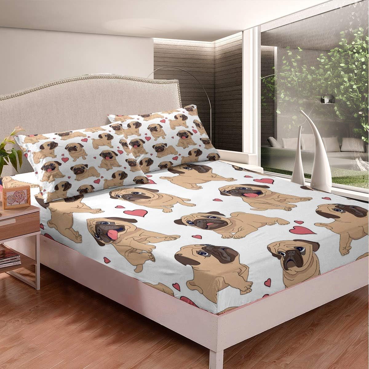 Feelyou Puppy Dog Bed Sheet Set Cartoon Pug Dog Print