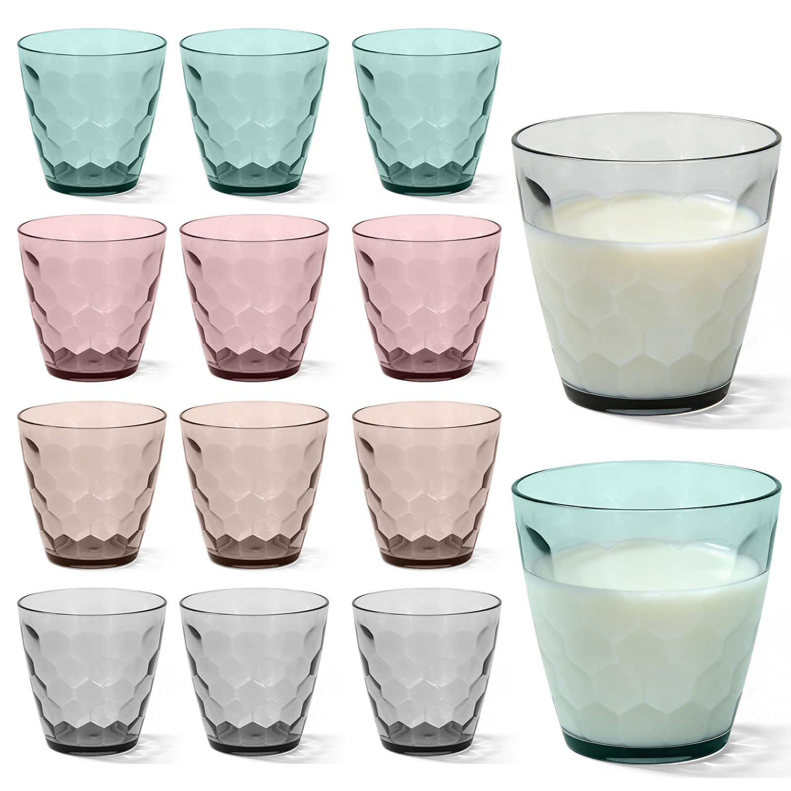 PORFOYO Juego de 12 vasos de agua coloridos, vasos de 325 ml, vasos de plástico, irrompibles, coloridos vasos de polipropileno para el hogar, camping y fiestas
