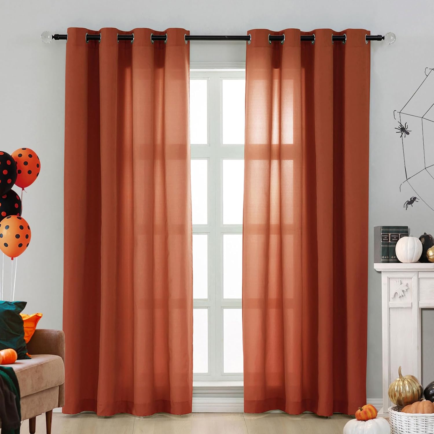 L.Z.E Non-See-Through Privacy Curtains 84 Inches Long 2 Panels Set, Light Filtering Curtains for Living Room Bedroom Doorway Divider, Burnt Orange Semi Sheer Window Panels Grommet Top(55" W x 84" L)