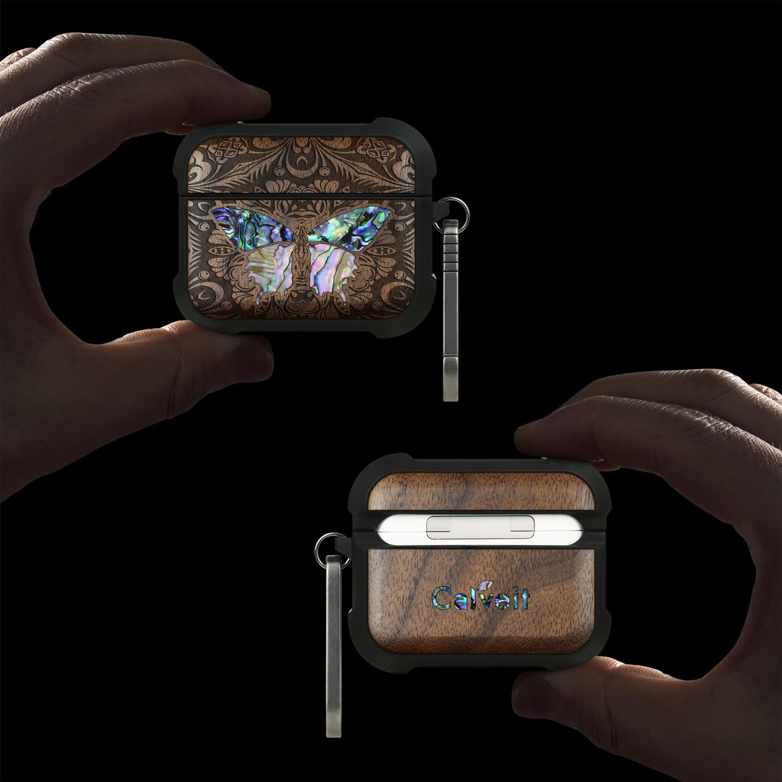 Carveit Etui kompatybilne z AirPods Pro 3 (2025), etui ochronne [grawerunek z drewna i muszla] [tytanowe szybkie zapięcie] do Airpods Pro 3 skóra 2025 etui (motyl z drewna orzechowo-barowego)