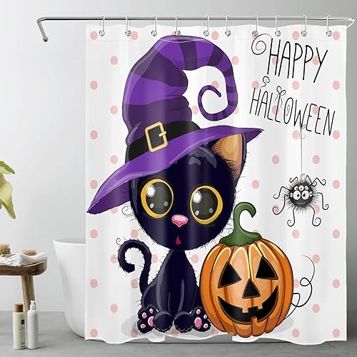 Miniatura 2 de LB Juego de cortina de ducha de calabazas de Halloween, diseño de gato mágico de dibujos animados, diseño de lunares, cortina de baño, ganchos para