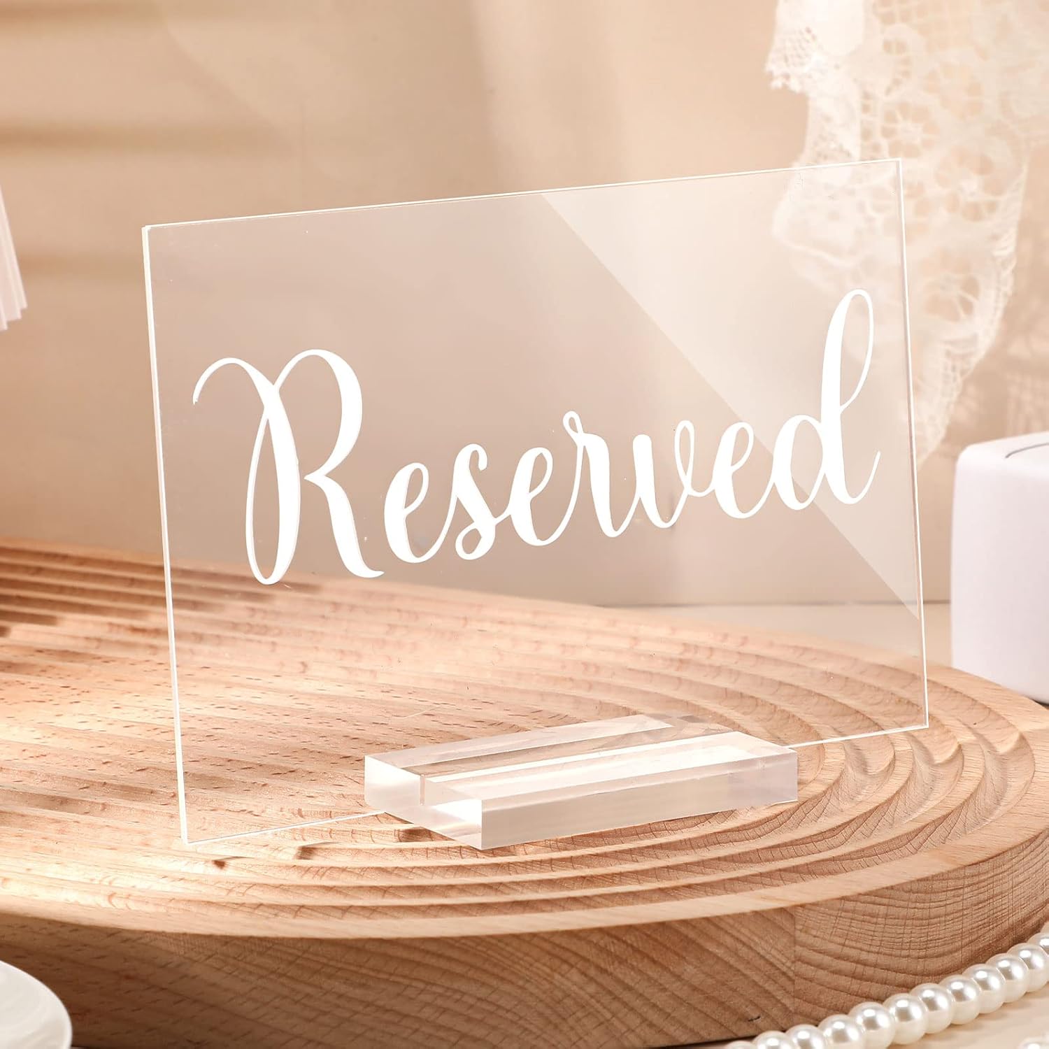 Roowest 10 Set Acrylic Reserved Table Signs Clear Wedding Reserved Signs with Holder Table Cards for Wedding Seating Reception Restaurant Birthday Party Ceremony Decoration(Clear, White)