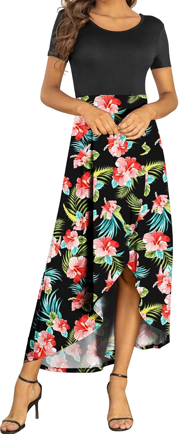 AYIFU Womens Summer Dresses High Low Slit Hem Casual Short Sleeve Maxi Dress with Buttons