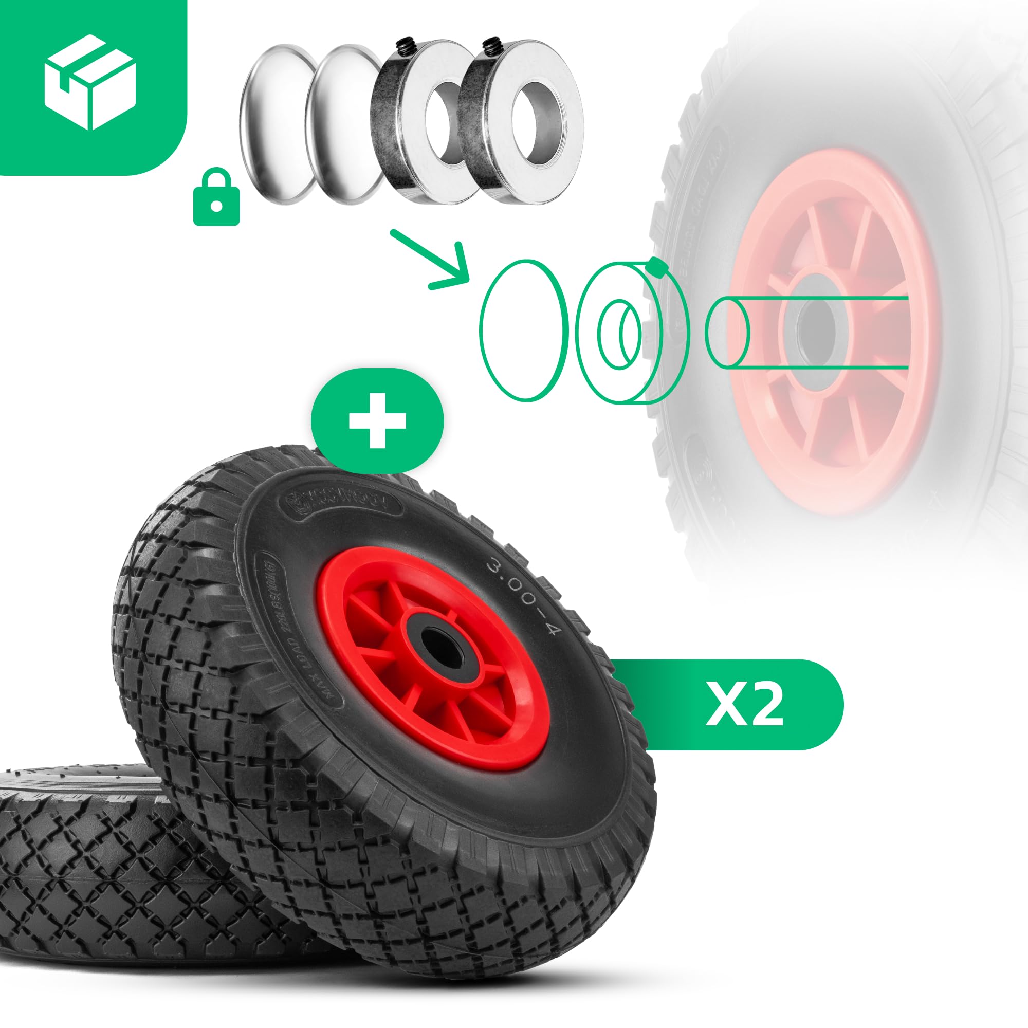 MOOVMOOV 2x Roues Diables Increvables 3.00-4 (260x85 mm) - Alésage 20mm - Pour Diable, Chariot et Autres. Pneu Plein avec jante PVC - Inclus Bagues de Serrage avec Clé Allen + Calottes Autobloquantes