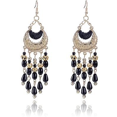 QOBEBOTA Bohemian Beaded Tassel Earrings for Women Vintage Ethnic Earrings Beads Boho Earring Jhumka Dangle Earrings