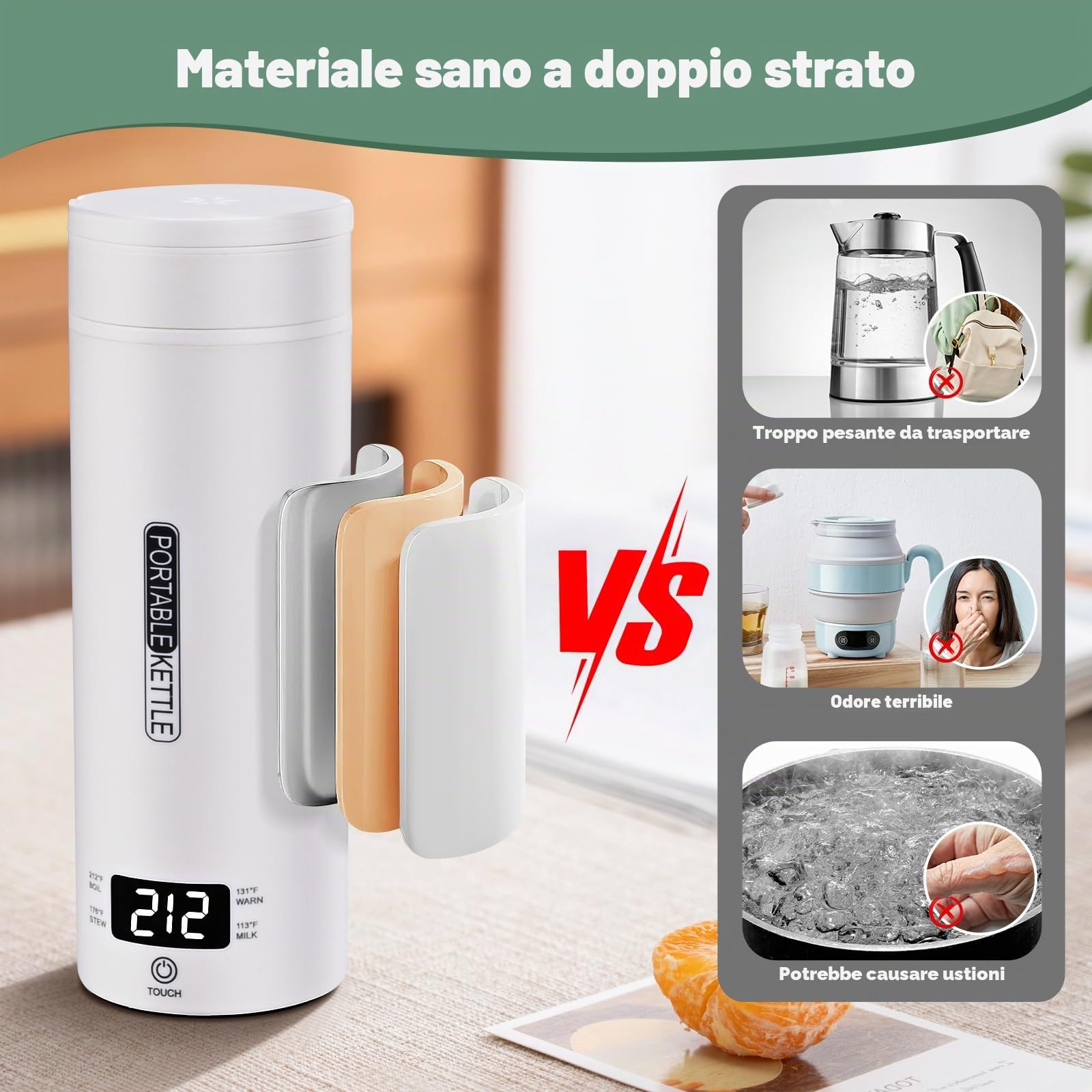 Bollitore elettrico portatile da viaggio, 450 ml, bollitore da viaggio per tè e caffè, spegnimento automatico e protezione a secco con acciaio inossidabile 316, 4 regolatori di temperatura (Bianco)