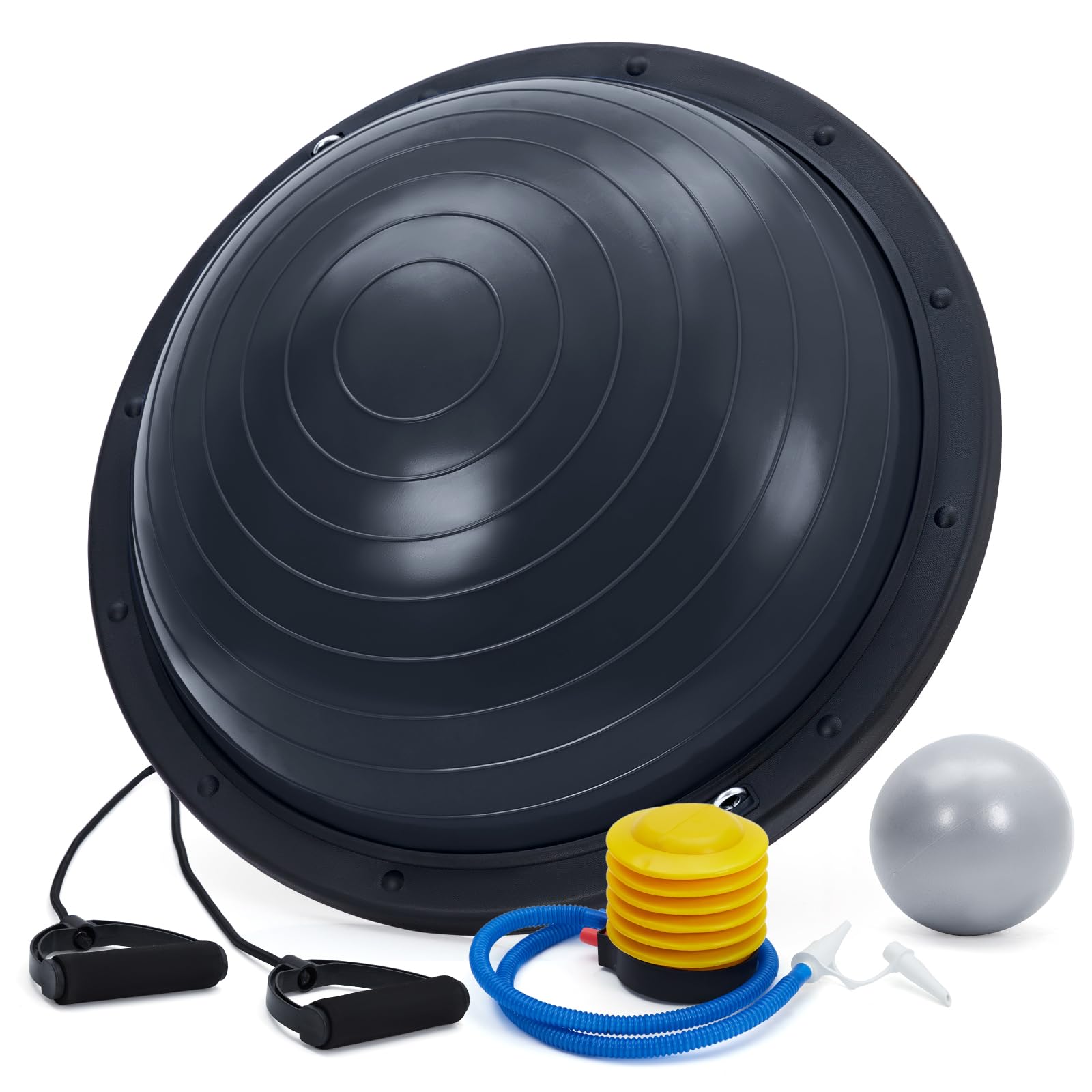 GarveeHome Półkula balansowa 60 cm, z antypoślizgową podstawą, 2 taśmy oporowe i pompka powietrza, do treningu niestabilności, ćwiczeń siłowych, jogi i fizjoterapii
