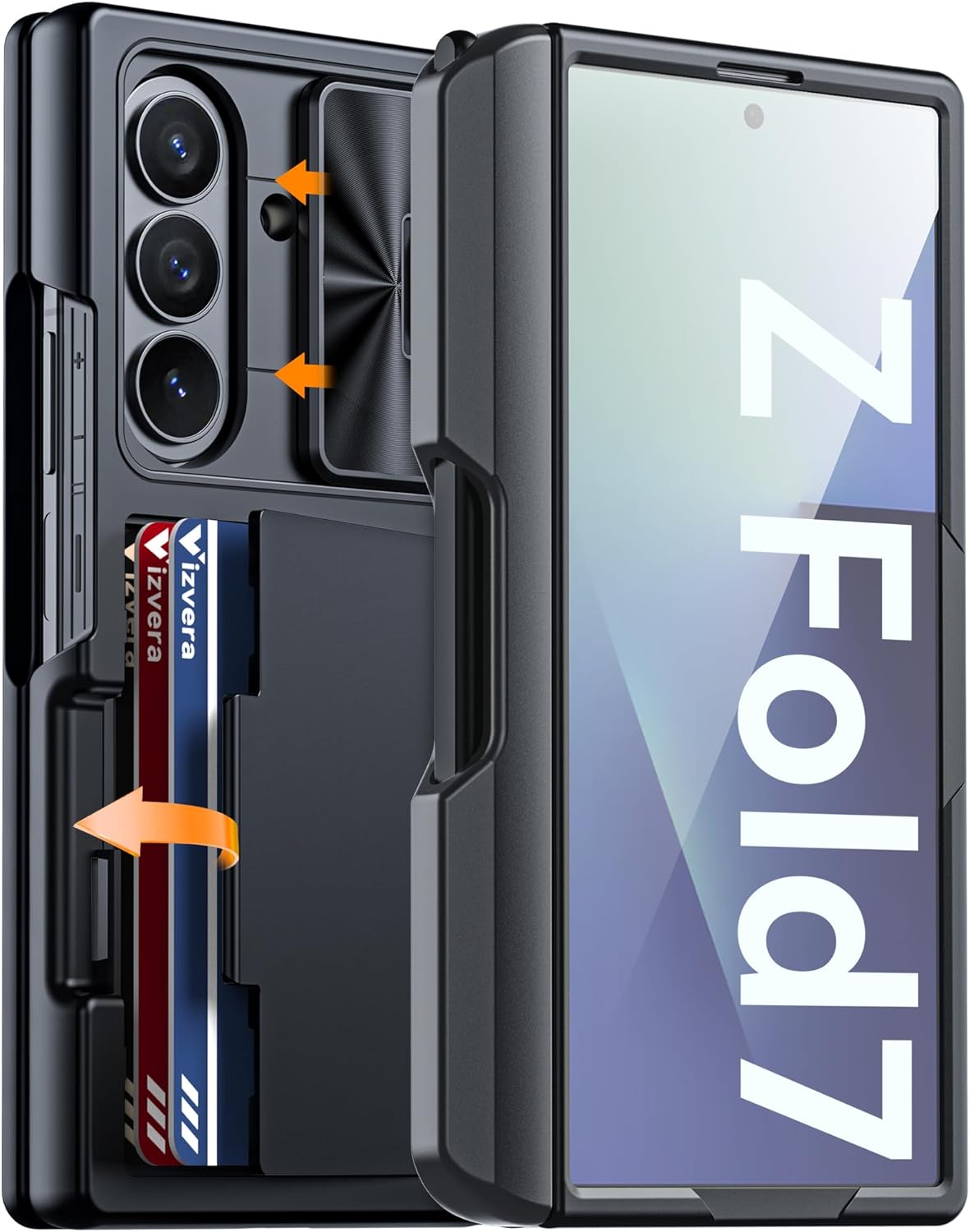 Vizvera for Samsung Galaxy Z Fold 7 Case RFID Wallet with Cards Holder [S Pen Included] [Camera Cover] Shockproof Silicone Protective Phone Case for Z Fold 7 2025(Black)