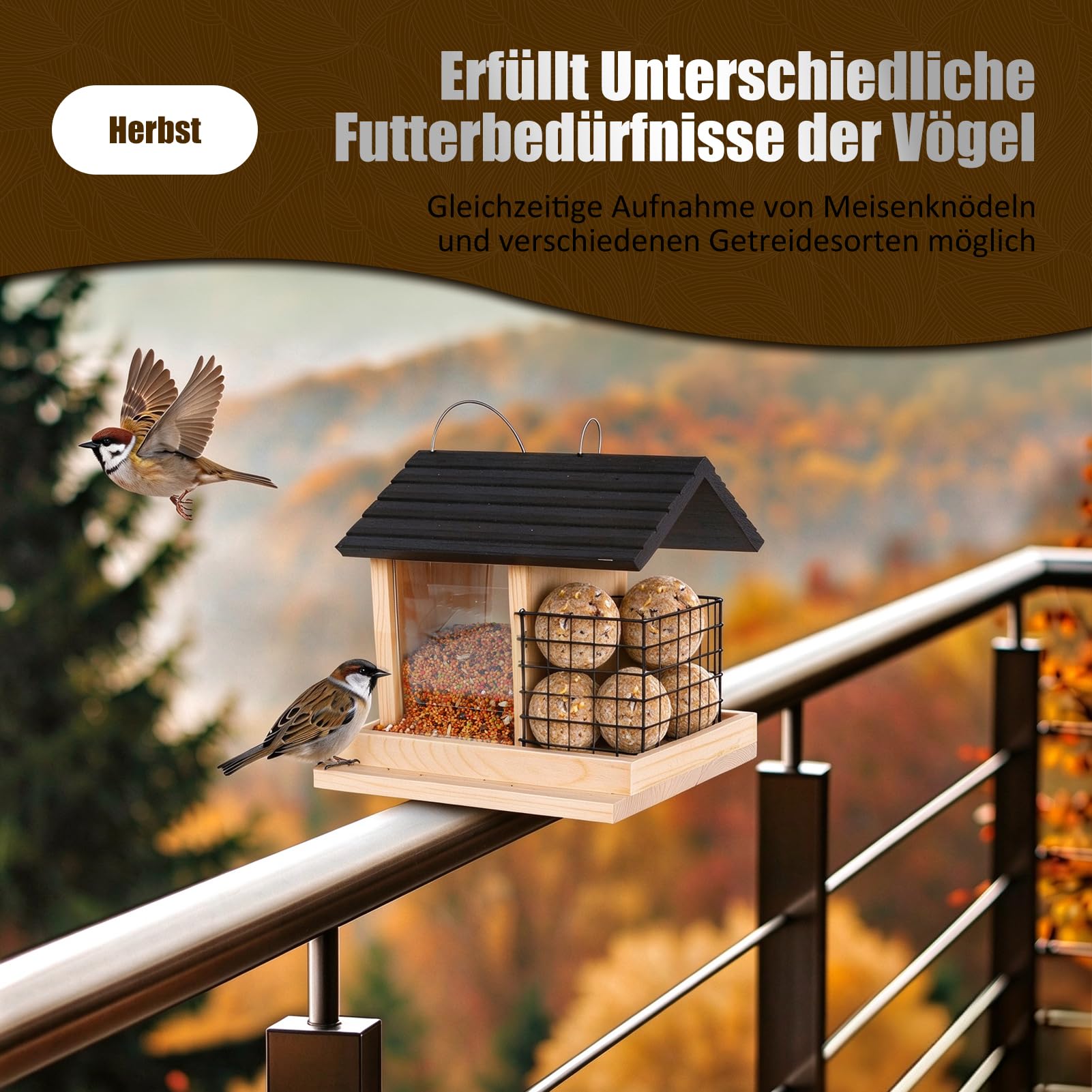2 in 1 Vogelhaus zum Aufhängen Holz, Vogelhaus Balkon(mit Balkonklemme), Vogelfutterhaus aus Massivholz mit Meisenknödel Gitterhalter, Vogelfutterspender Vogelfutterstation Wetterfest für Garten