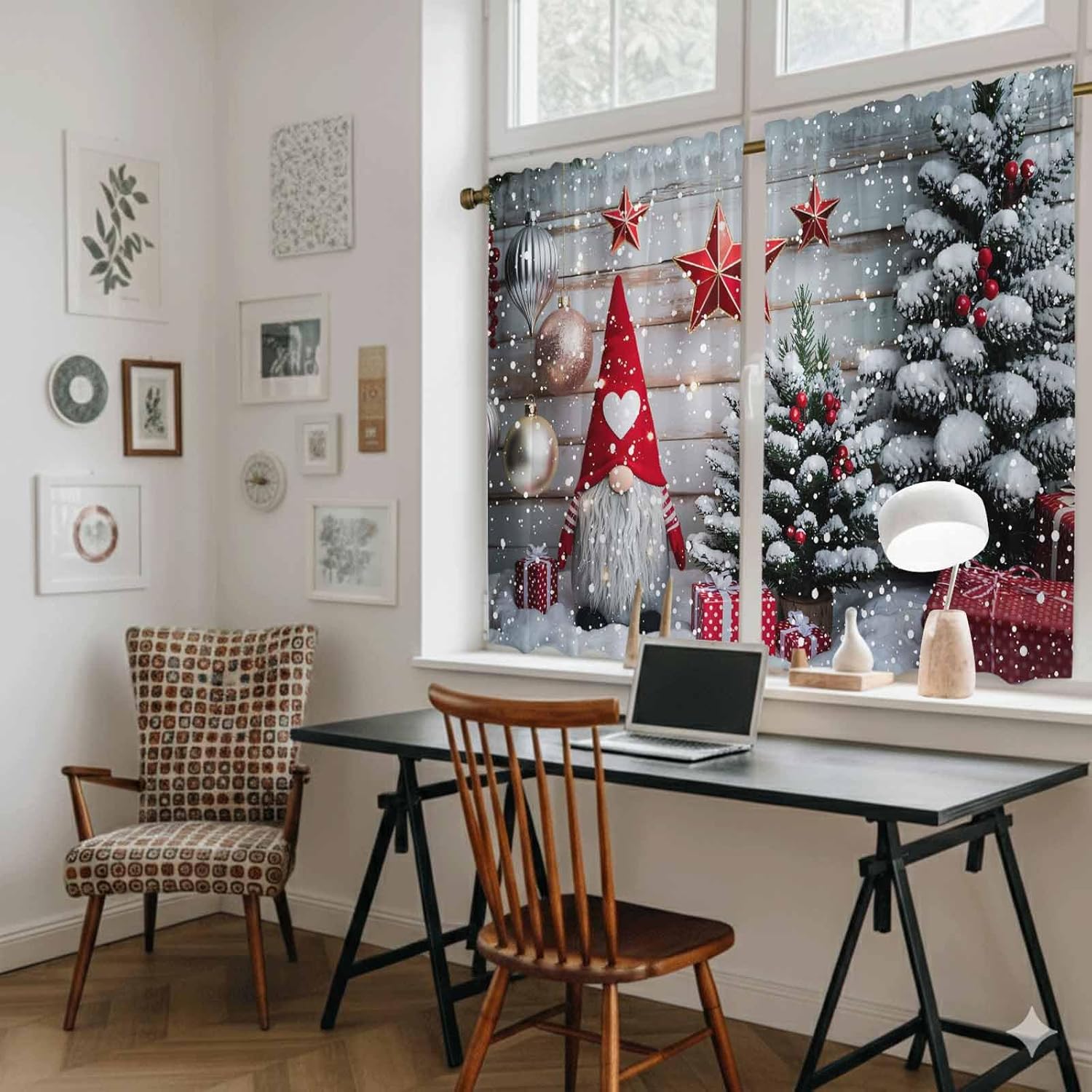 Christmas Gnomes Kitchen Tier Curtains 45 Inch Long 2 Panel Set,Rod Pocket Short Window Treatment,Winter Farmhouse Xmas Balls Tree Light Filtering Curtains & Drapes for Bathroom Basement 27.5"W x 45"L